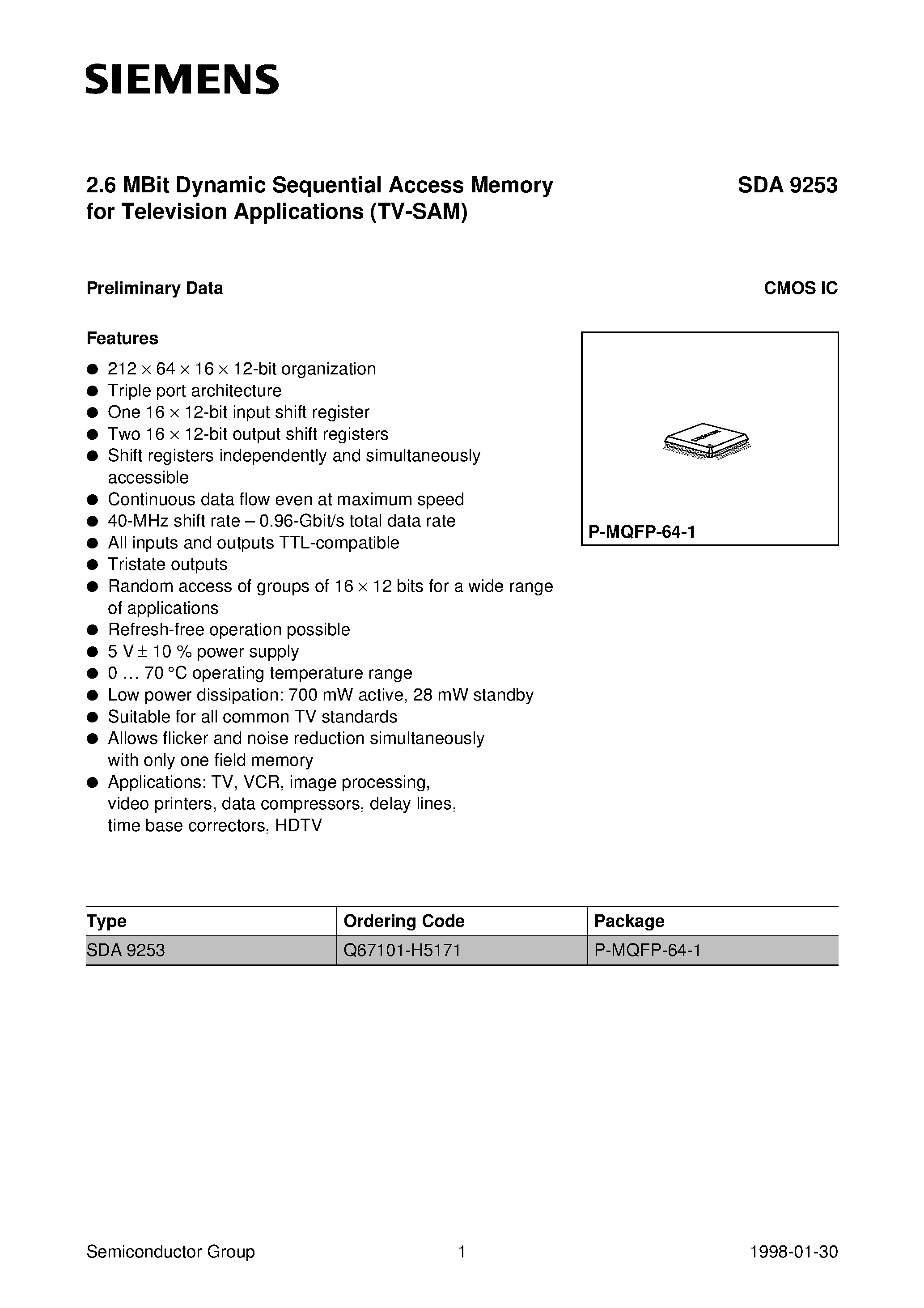 Даташит SDA9253 - 2.6 MBit Dynamic Sequential Access Memory for Television Applications (TV-SAM) страница 1