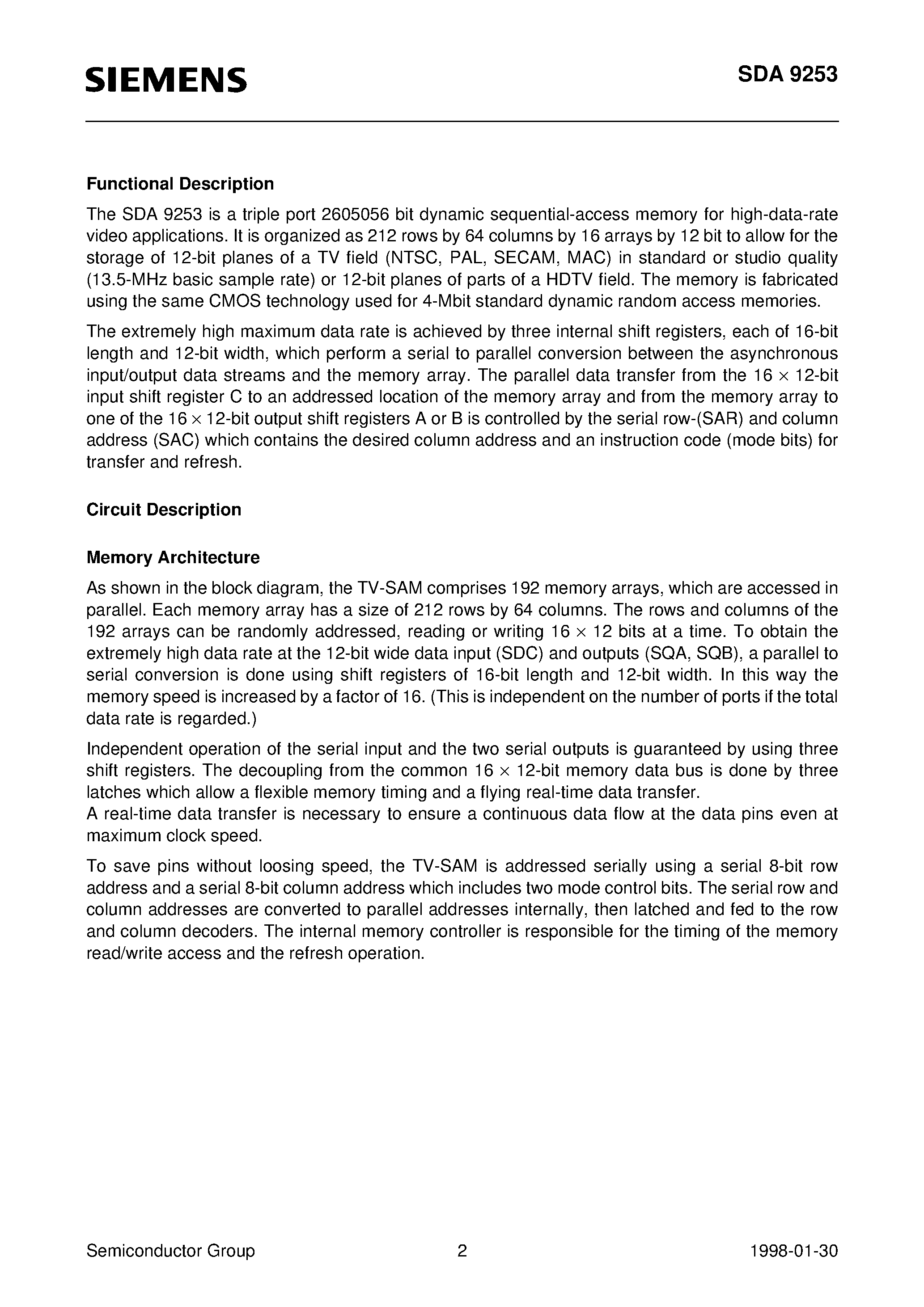 Даташит SDA9253 - 2.6 MBit Dynamic Sequential Access Memory for Television Applications (TV-SAM) страница 2