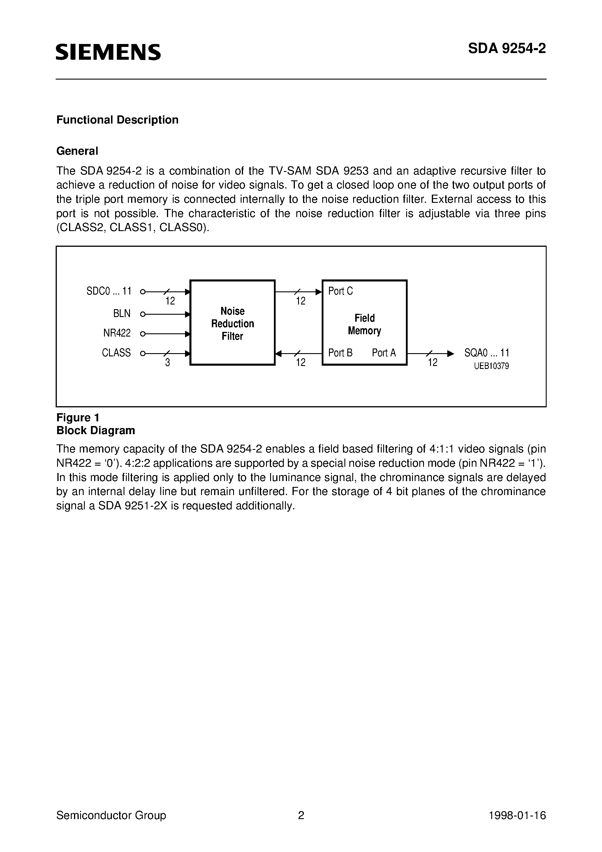 Даташит SDA9254-2 - 2.6 MBit Dynamic Sequential Access Memory for Television Applications (TV-SAM) with On-chip Noise Reduction Filter страница 2