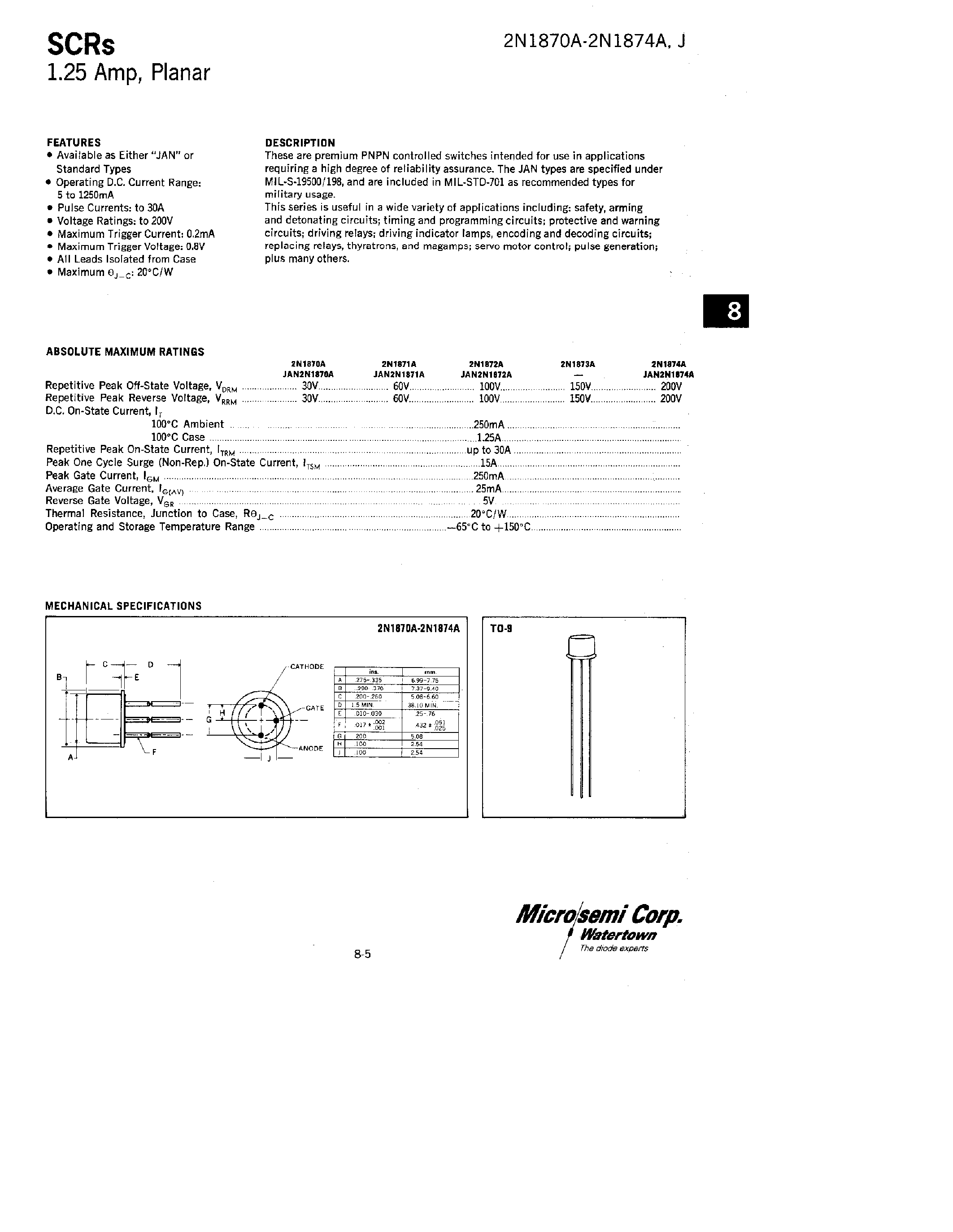 Datasheet 2N1870 - SCRs 1.25 Amp / Planear page 1