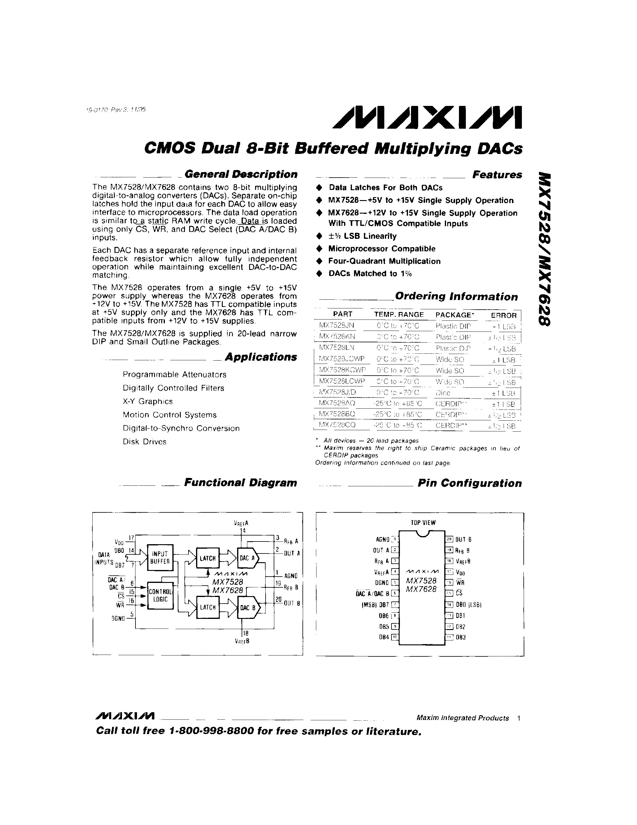 Datasheet MAX7528J/D - CMOS Dual 8-Bit Buffered Multiplying DACs page 1