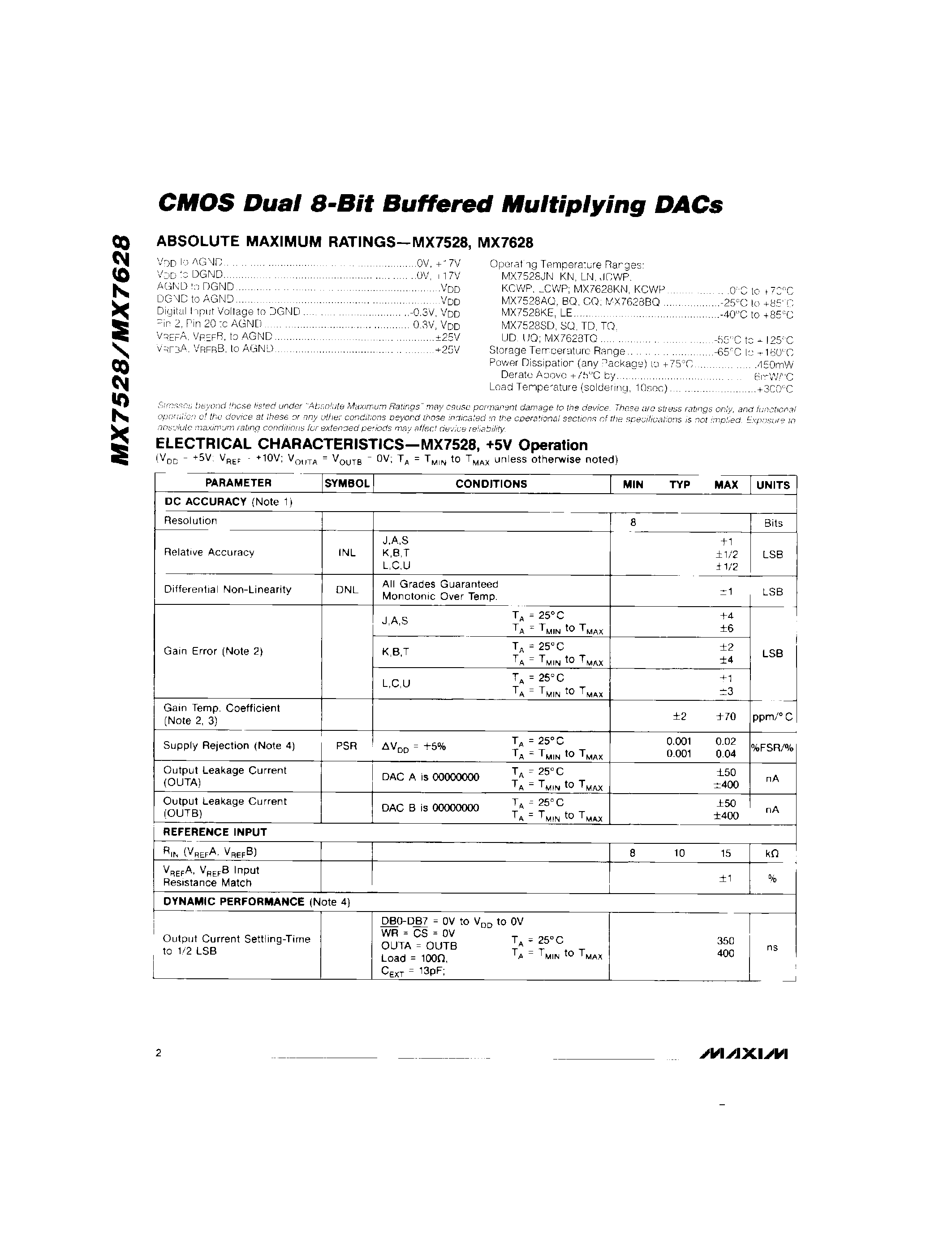 Datasheet MAX7528J/D - CMOS Dual 8-Bit Buffered Multiplying DACs page 2