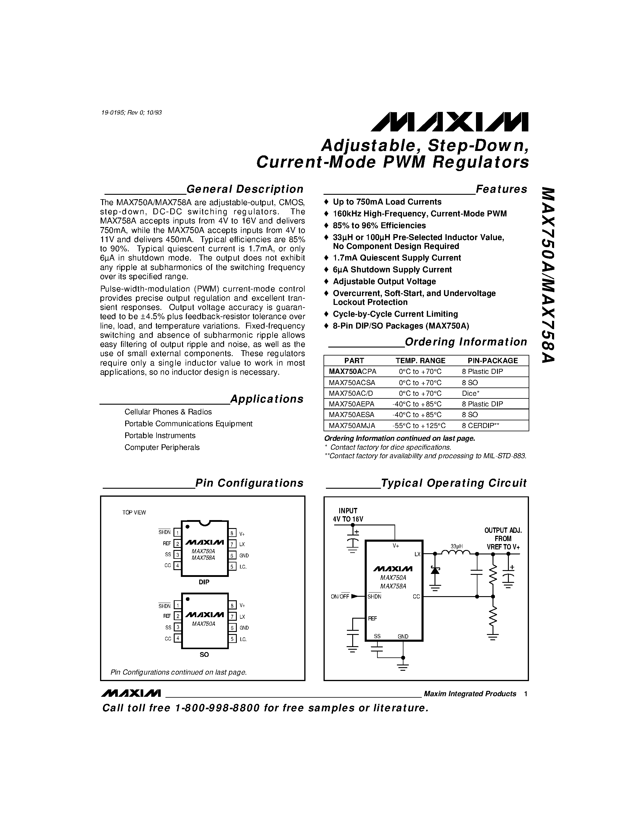 Datasheet MAX758AC/D - Adjustable / Step-Down / Current-Mode PWM Regulators page 1