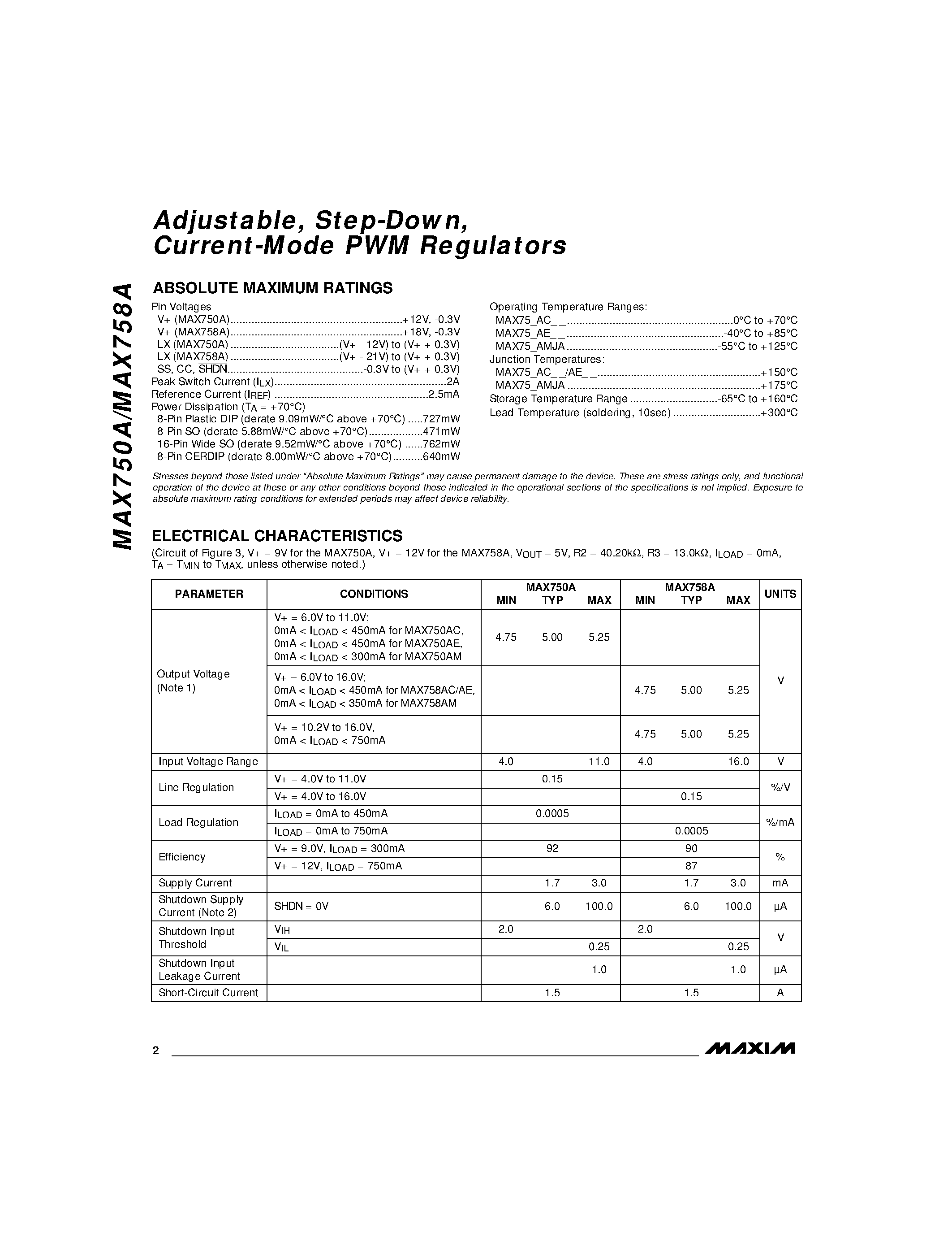 Datasheet MAX758AC/D - Adjustable / Step-Down / Current-Mode PWM Regulators page 2