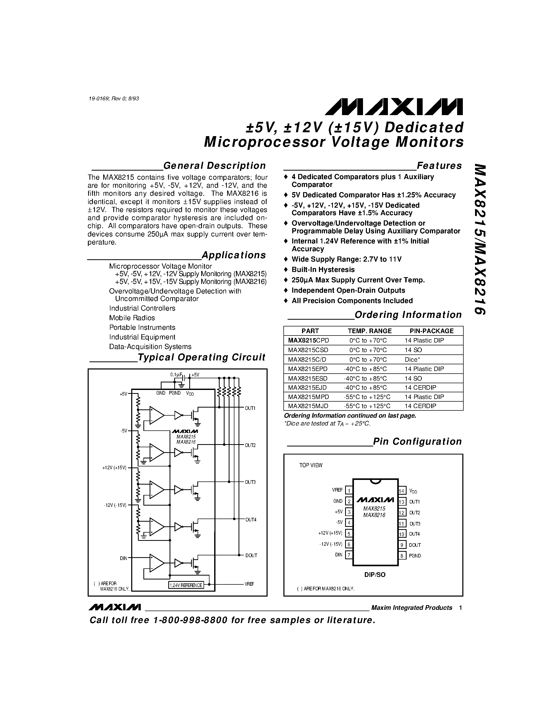 Datasheet MAX8215C/D - 5V / 12V (15V) Dedicated Microprocessor Voltage Monitors page 1