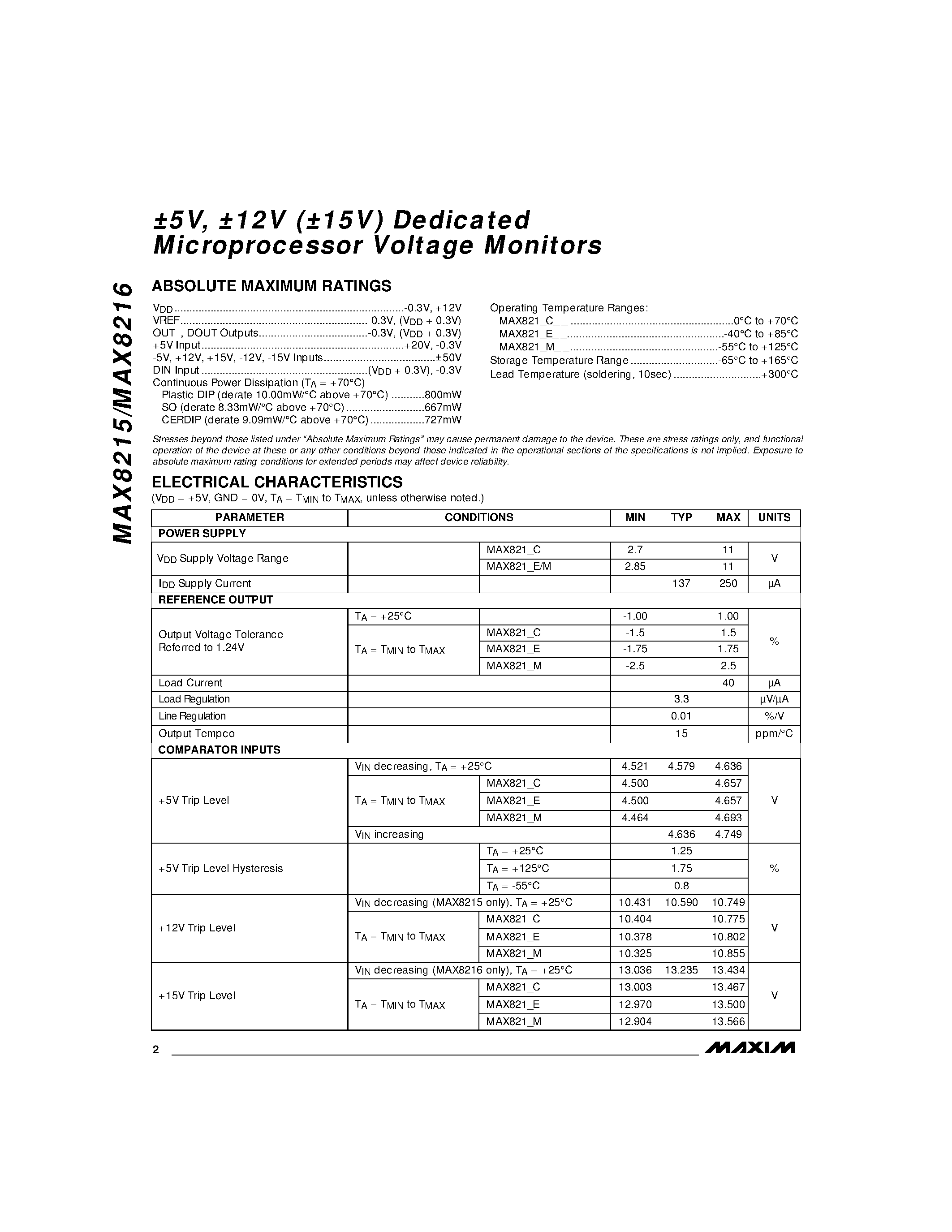 Datasheet MAX8215C/D - 5V / 12V (15V) Dedicated Microprocessor Voltage Monitors page 2