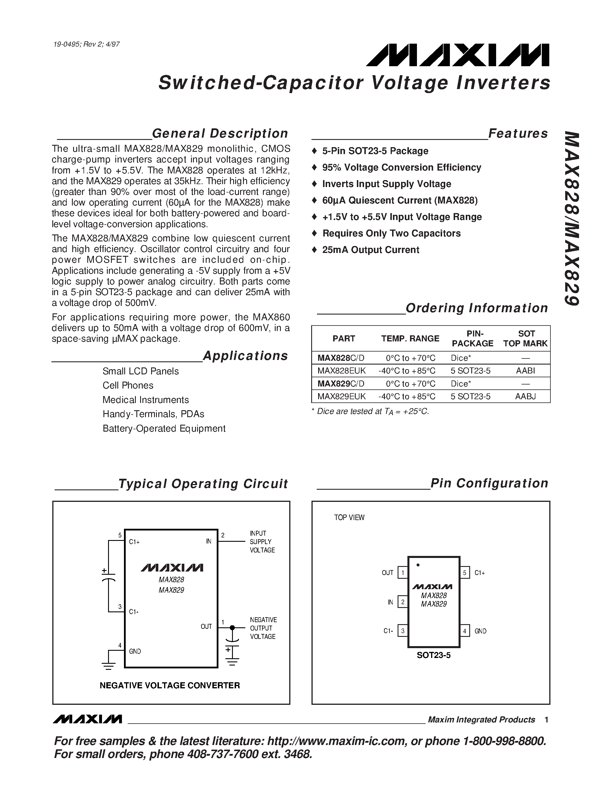 Datasheet MAX829C/D - Switched-Capacitor Voltage Inverters page 1