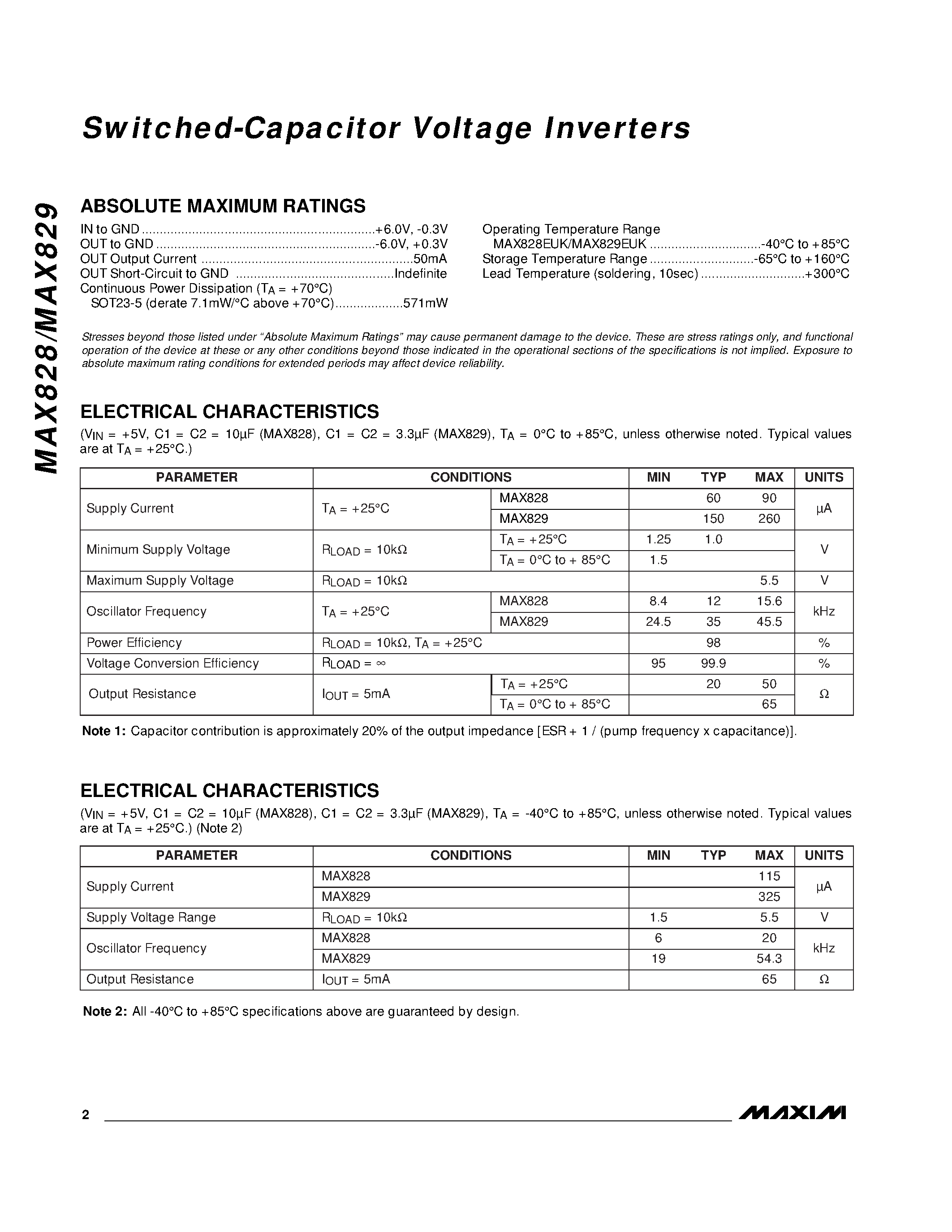 Datasheet MAX829C/D - Switched-Capacitor Voltage Inverters page 2