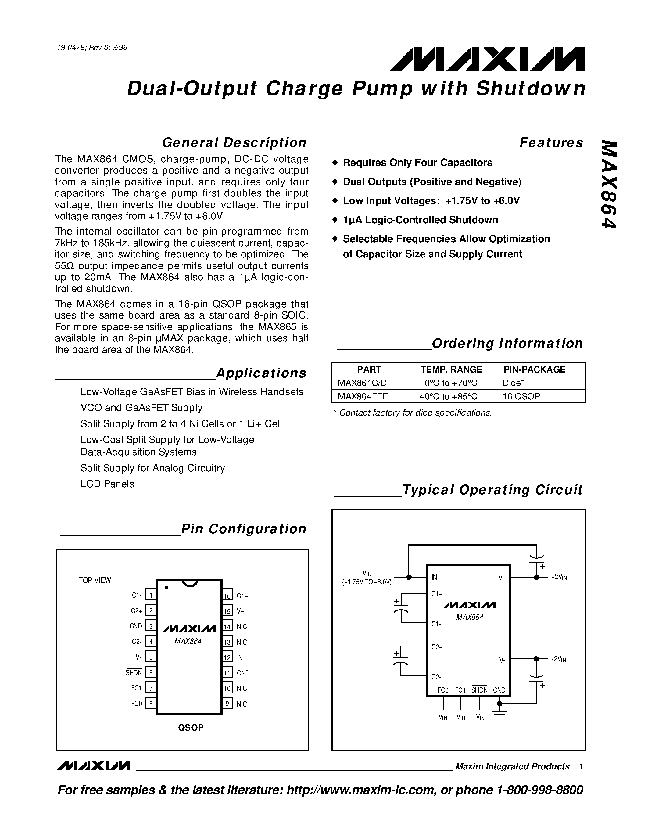 Datasheet MAX864C/D - Dual-Output Charge Pump with Shutdown page 1