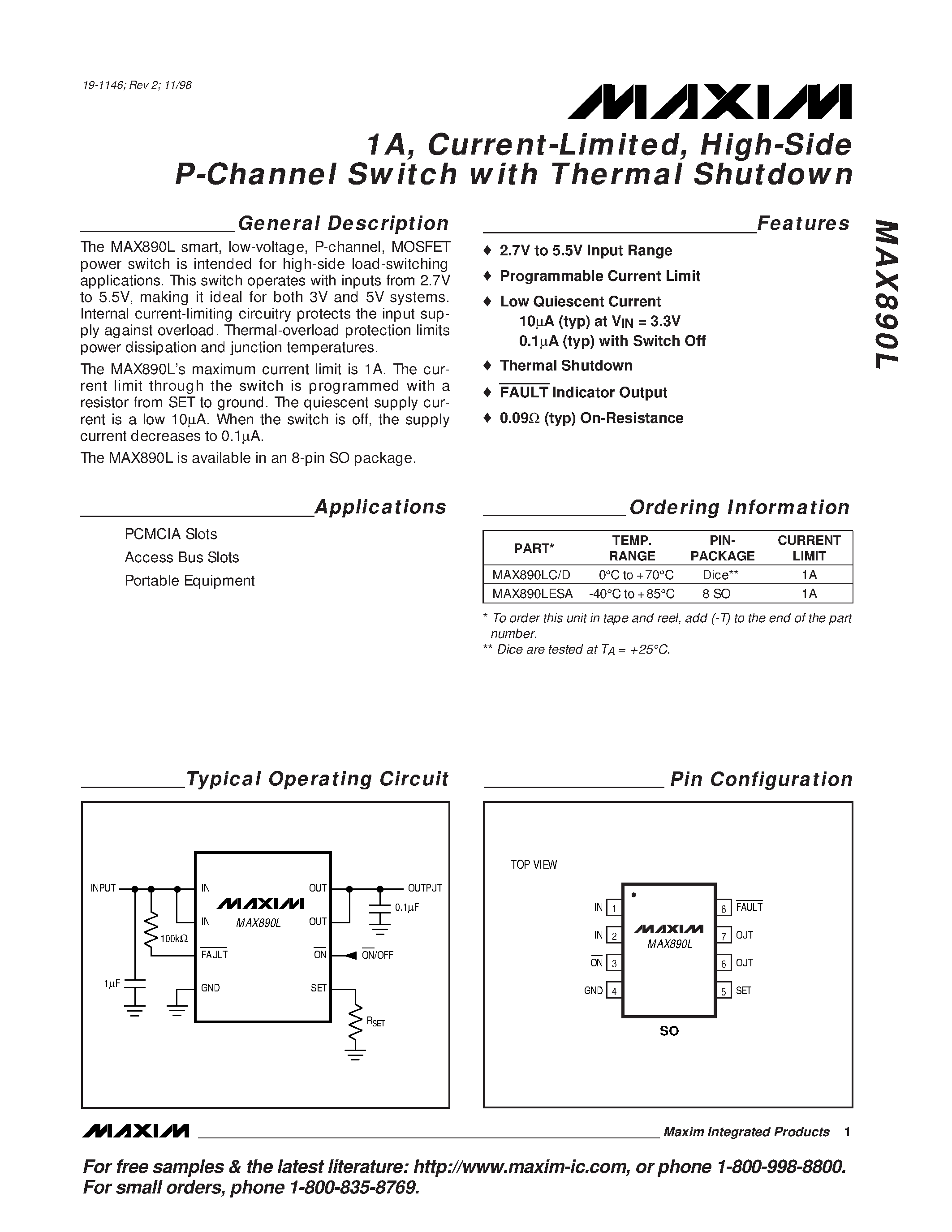 Datasheet MAX890LC/D - 1A / Current-Limited / High-Side P-Channel Switch with Thermal Shutdown page 1