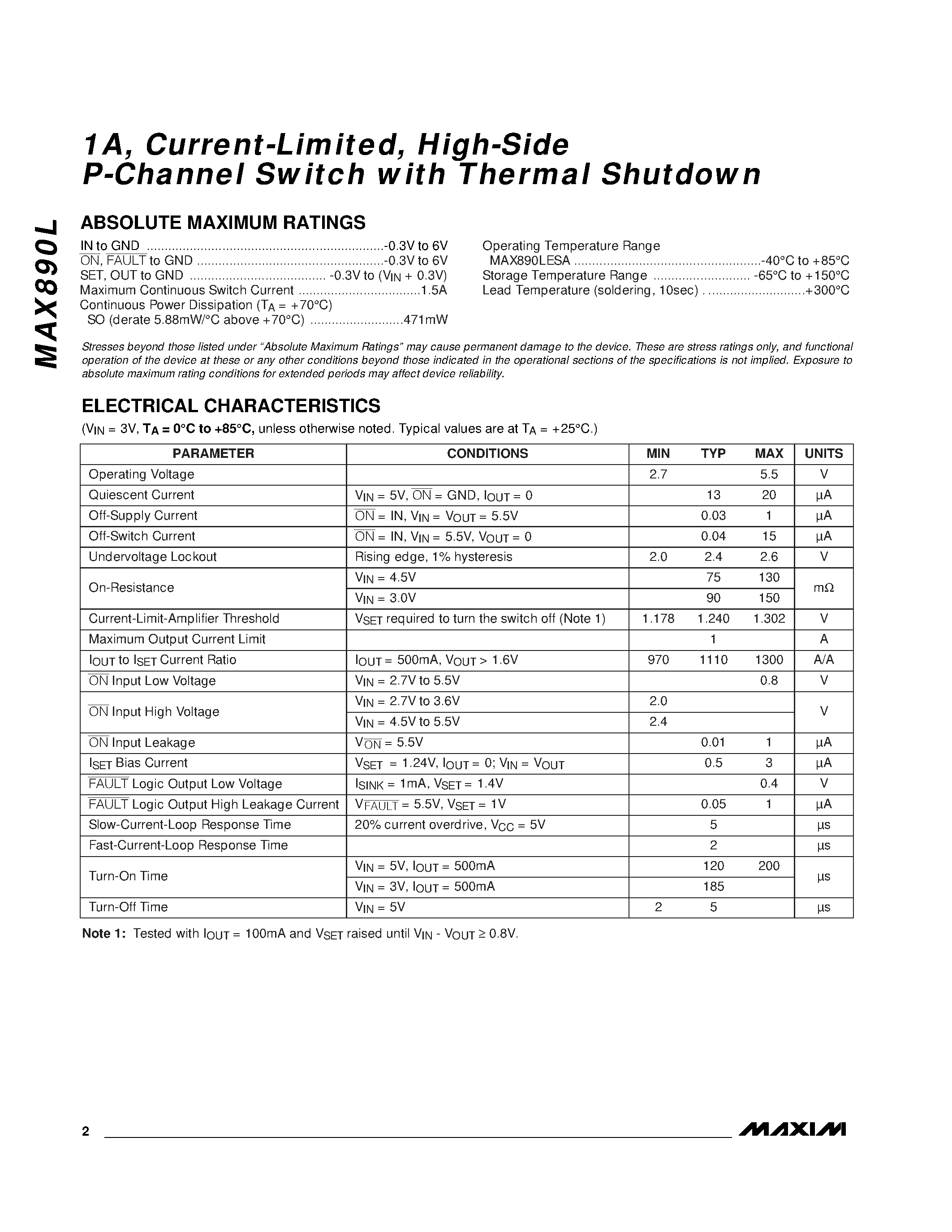 Datasheet MAX890LC/D - 1A / Current-Limited / High-Side P-Channel Switch with Thermal Shutdown page 2