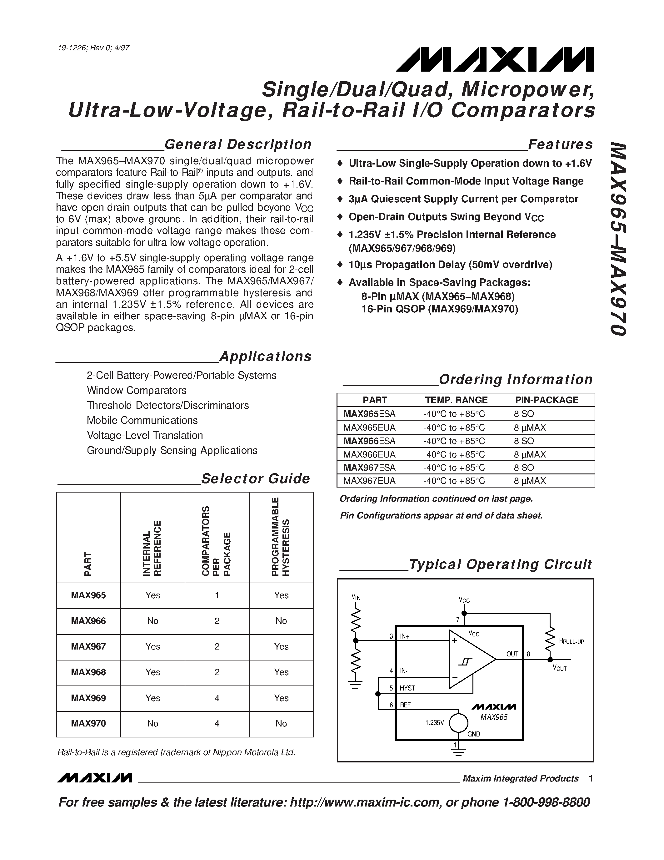 Datasheet MAX965 - Single/Dual/Quad / Micropower / Ultra-Low-Voltage / Rail-to-Rail I/O Comparators page 1