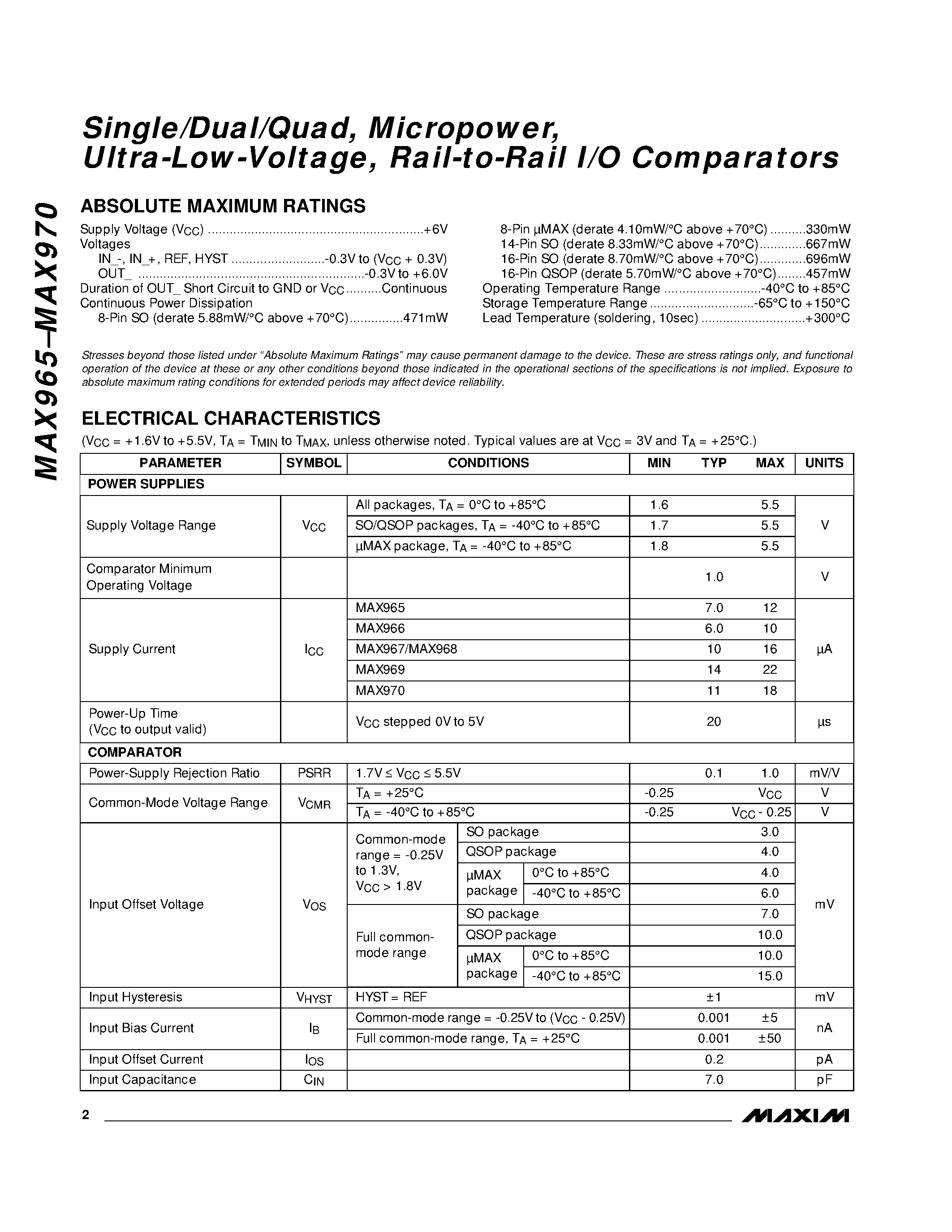 Datasheet MAX965 - Single/Dual/Quad / Micropower / Ultra-Low-Voltage / Rail-to-Rail I/O Comparators page 2