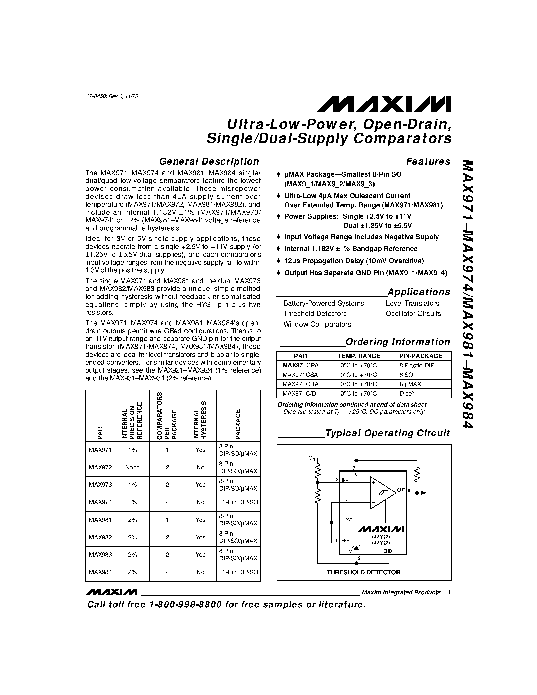 Datasheet MAX972C/D - Ultra-Low-Power / Open-Drain / Single/Dual-Supply Comparators page 1