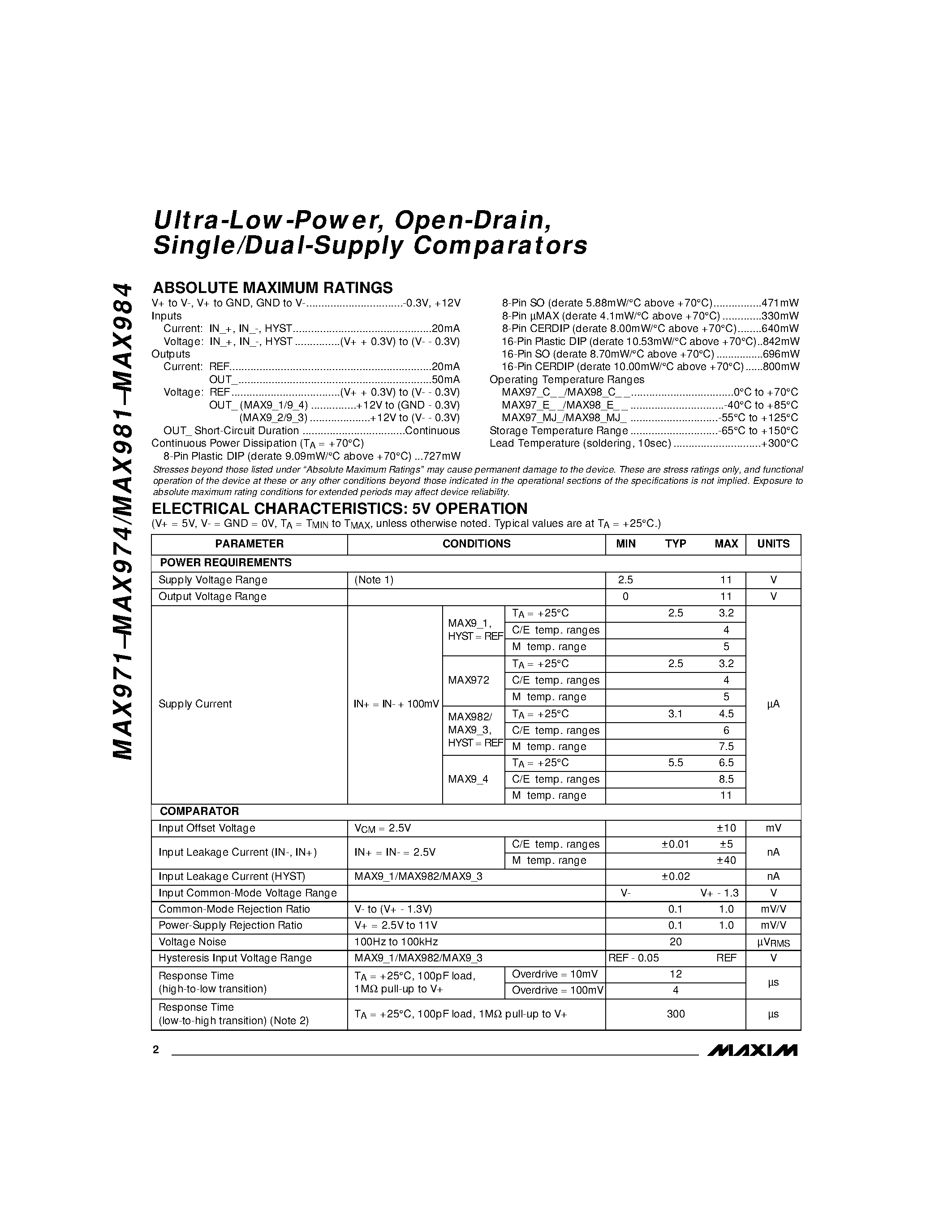 Datasheet MAX972C/D - Ultra-Low-Power / Open-Drain / Single/Dual-Supply Comparators page 2