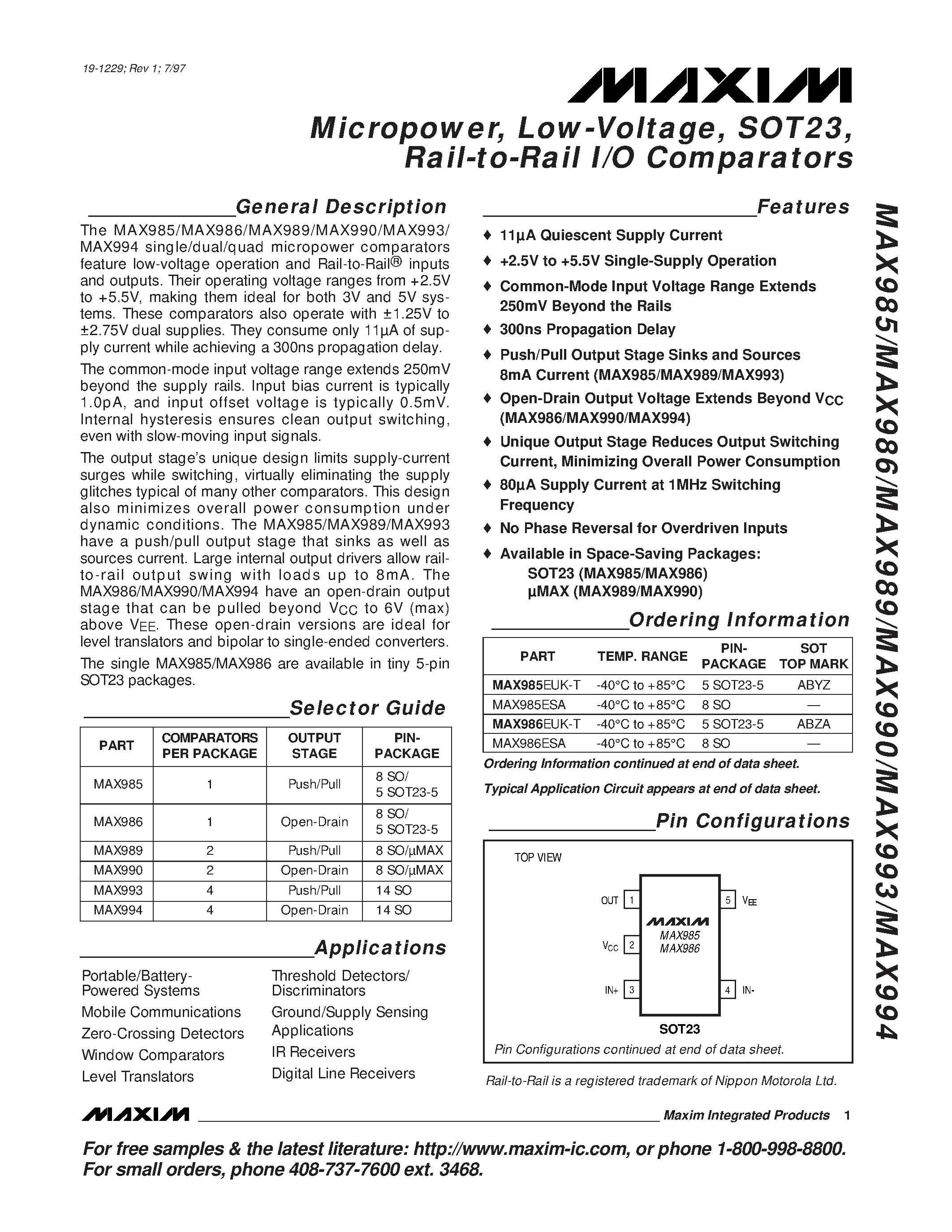 Datasheet MAX985 - Micropower / Low-Voltage / SOT23 / Rail-to-Rail I/O Comparators page 1