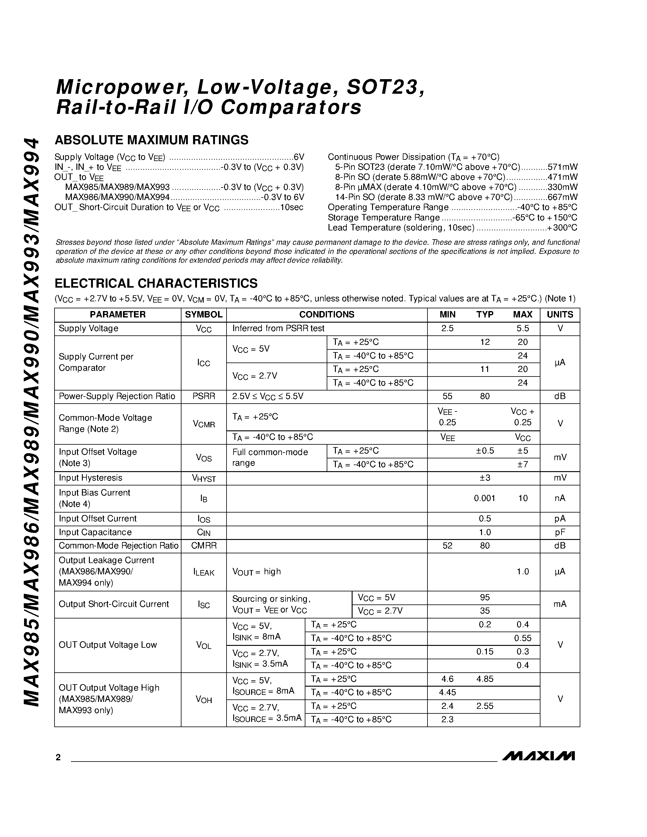 Datasheet MAX985 - Micropower / Low-Voltage / SOT23 / Rail-to-Rail I/O Comparators page 2