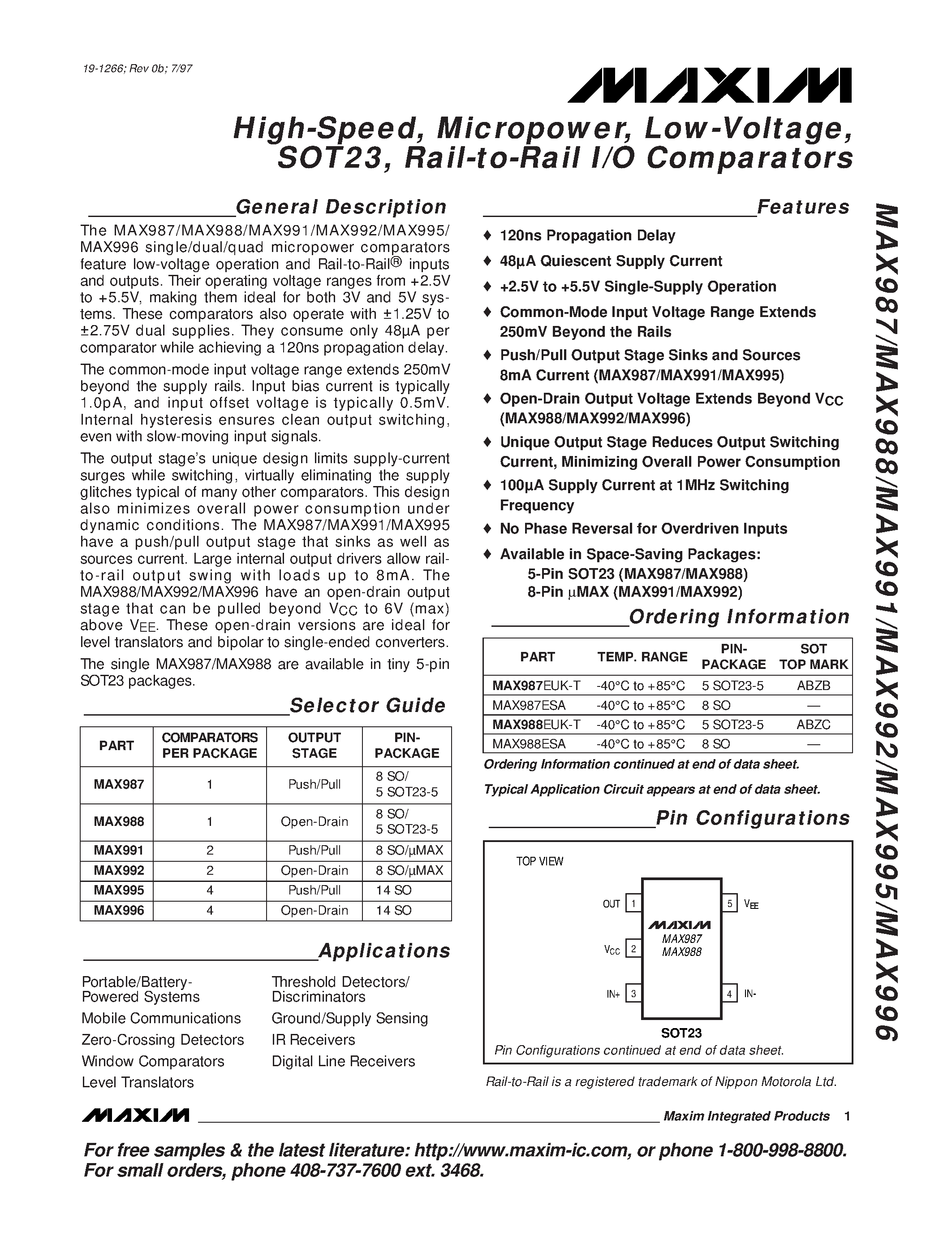 Datasheet MAX987 - High-Speed / Micropower / Low-Voltage / SOT23 / Rail-to-Rail I/O Comparators page 1