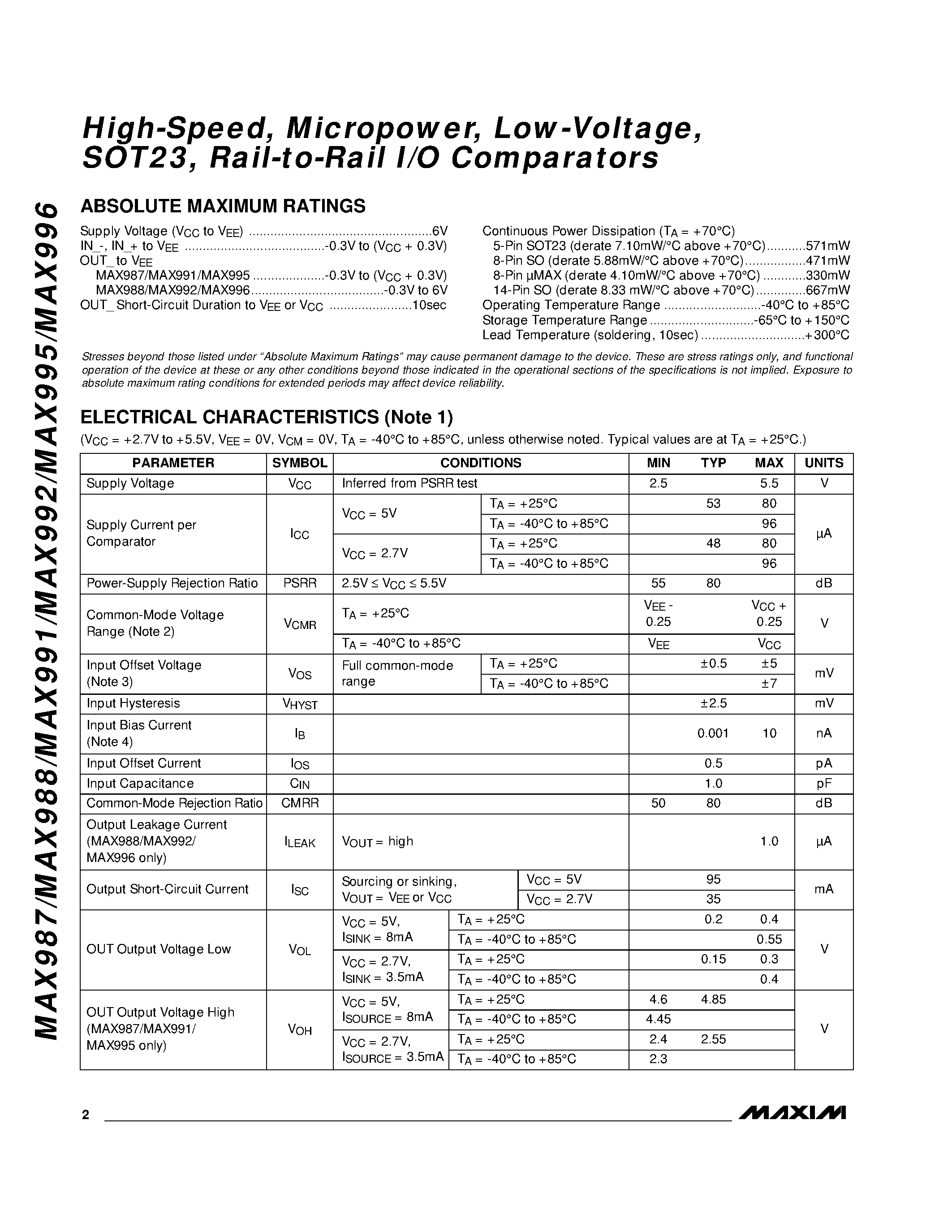 Datasheet MAX987 - High-Speed / Micropower / Low-Voltage / SOT23 / Rail-to-Rail I/O Comparators page 2