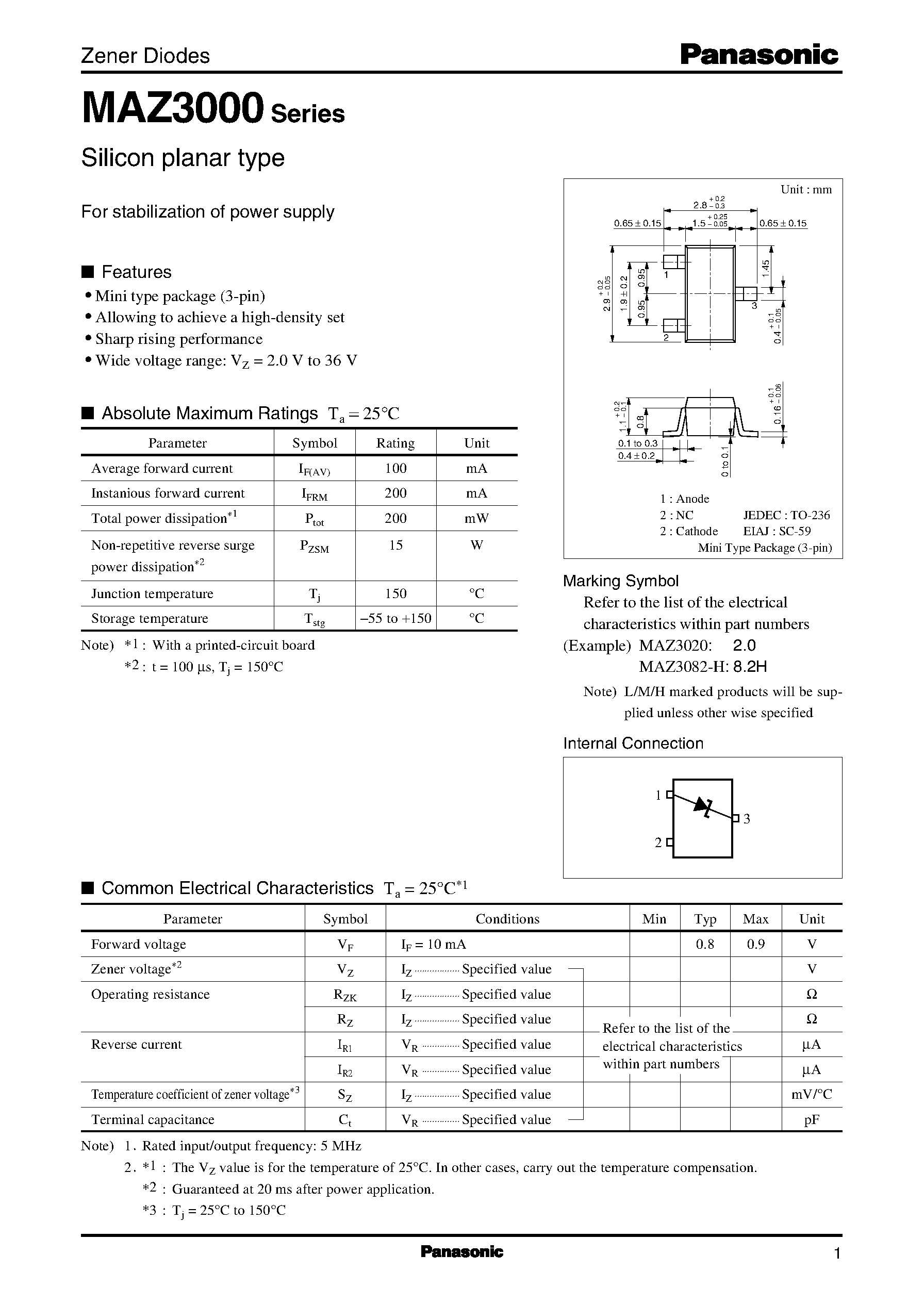 Даташит MAZ3027-H - Silicon planar type страница 1