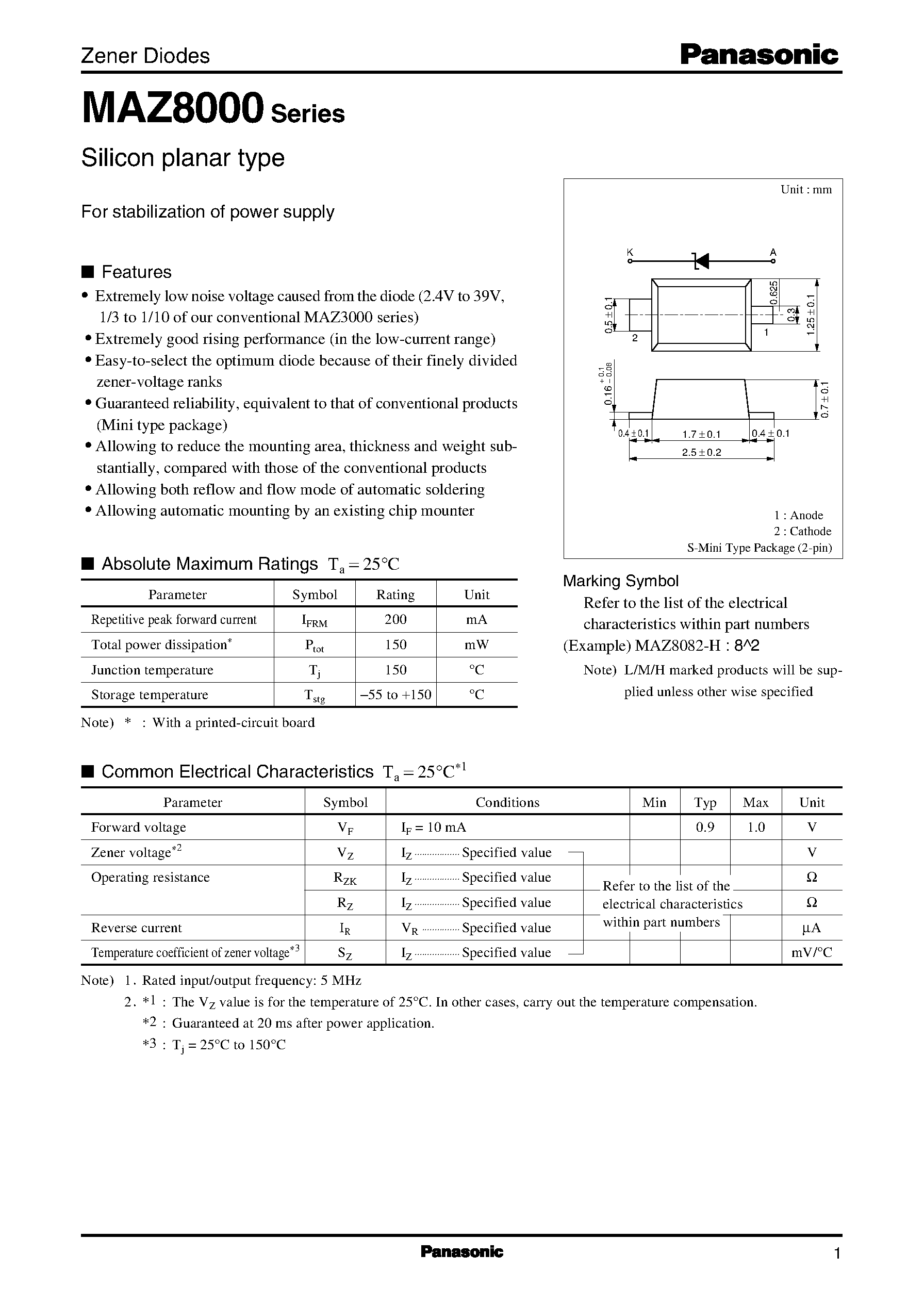 Даташит MAZ8027-H - Silicon planar type страница 1