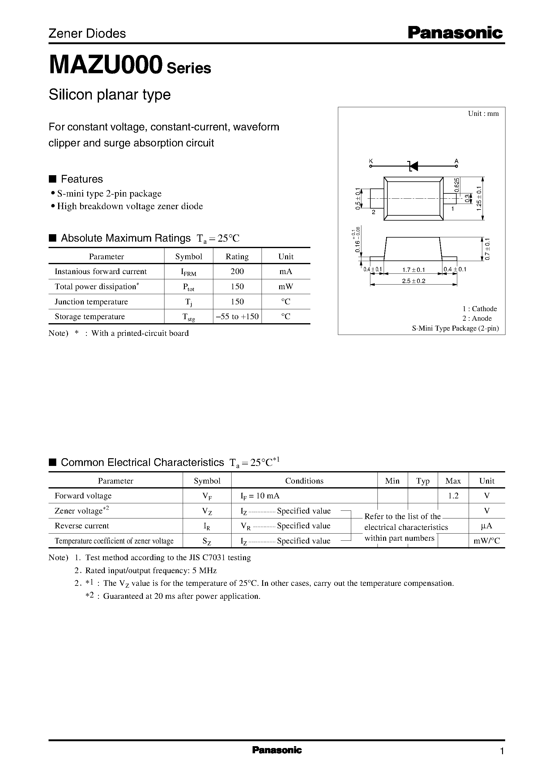 Даташит MAZU200-H - Silicon planar type страница 1