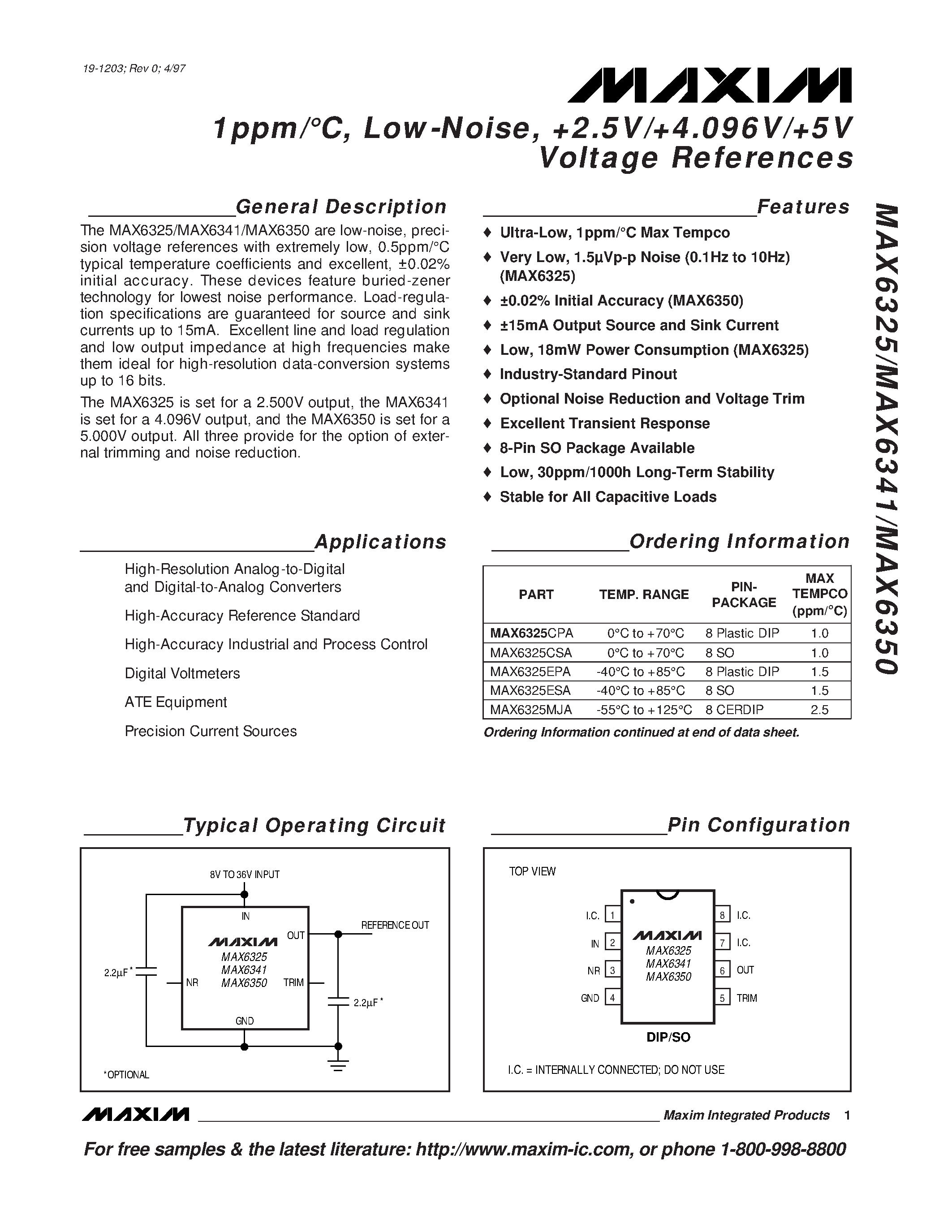 Datasheet MAX6325 - 1ppm/C / Low-Noise / +2.5V/+4.096V/+5V Voltage References page 1