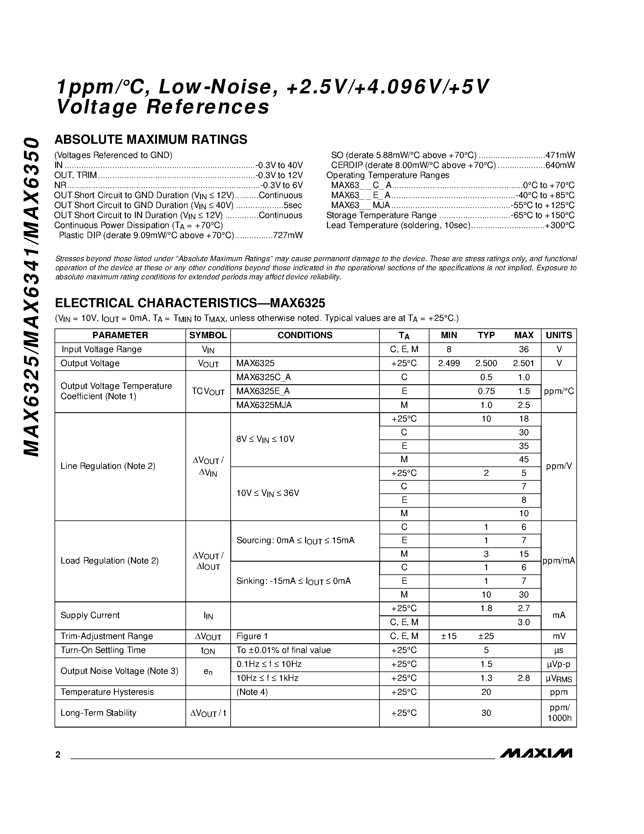 Даташит MAX6325CPA - 1ppm/C / Low-Noise / +2.5V/+4.096V/+5V Voltage References страница 2