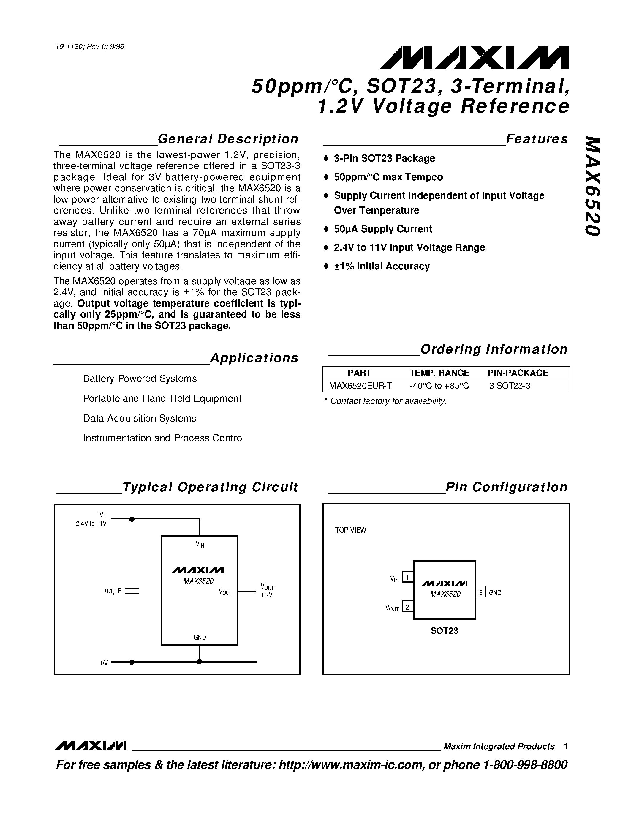 Datasheet MAX6520 - 50ppm/C / SOT23 / 3-Terminal / 1.2V Voltage Reference page 1