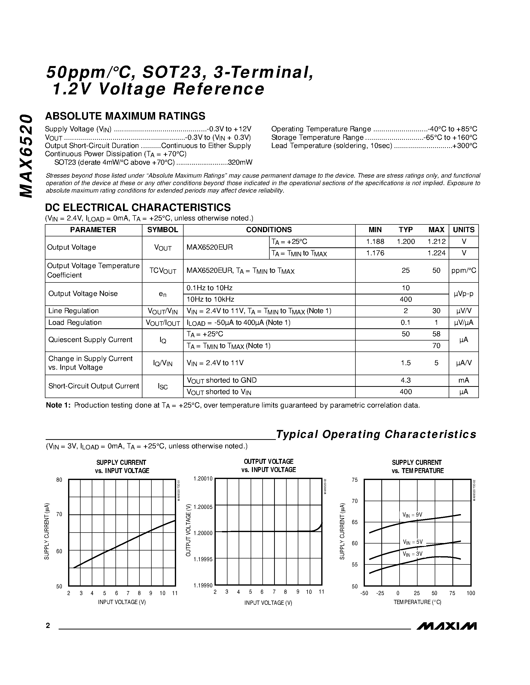 Datasheet MAX6520 - 50ppm/C / SOT23 / 3-Terminal / 1.2V Voltage Reference page 2