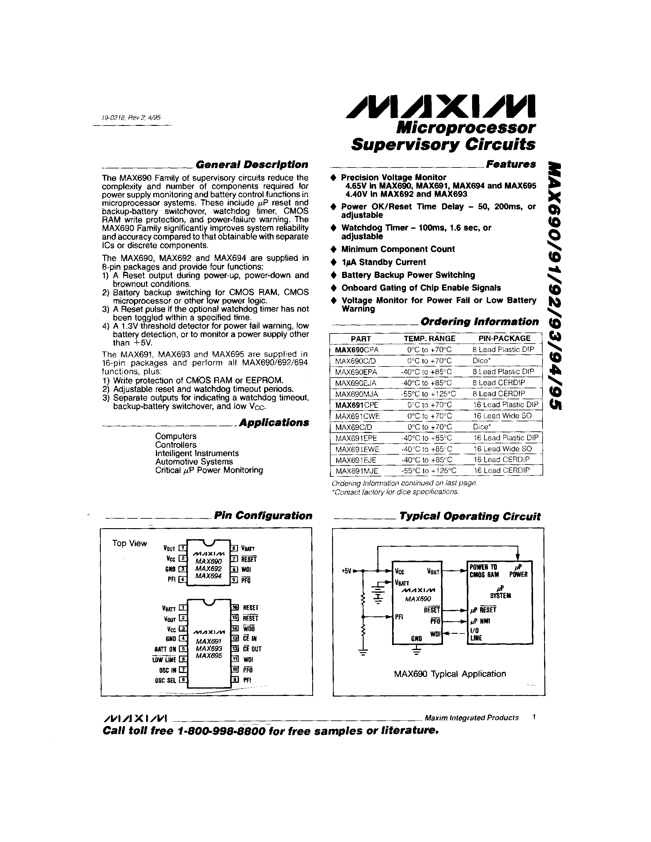 Datasheet MAX692AC/D - Microprocessor Supervisory Circuits page 1