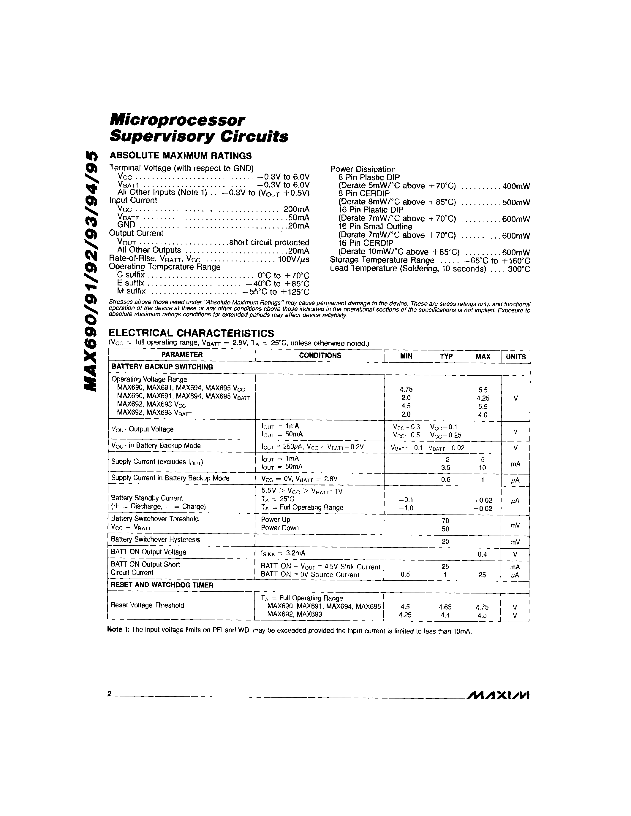 Datasheet MAX692AC/D - Microprocessor Supervisory Circuits page 2