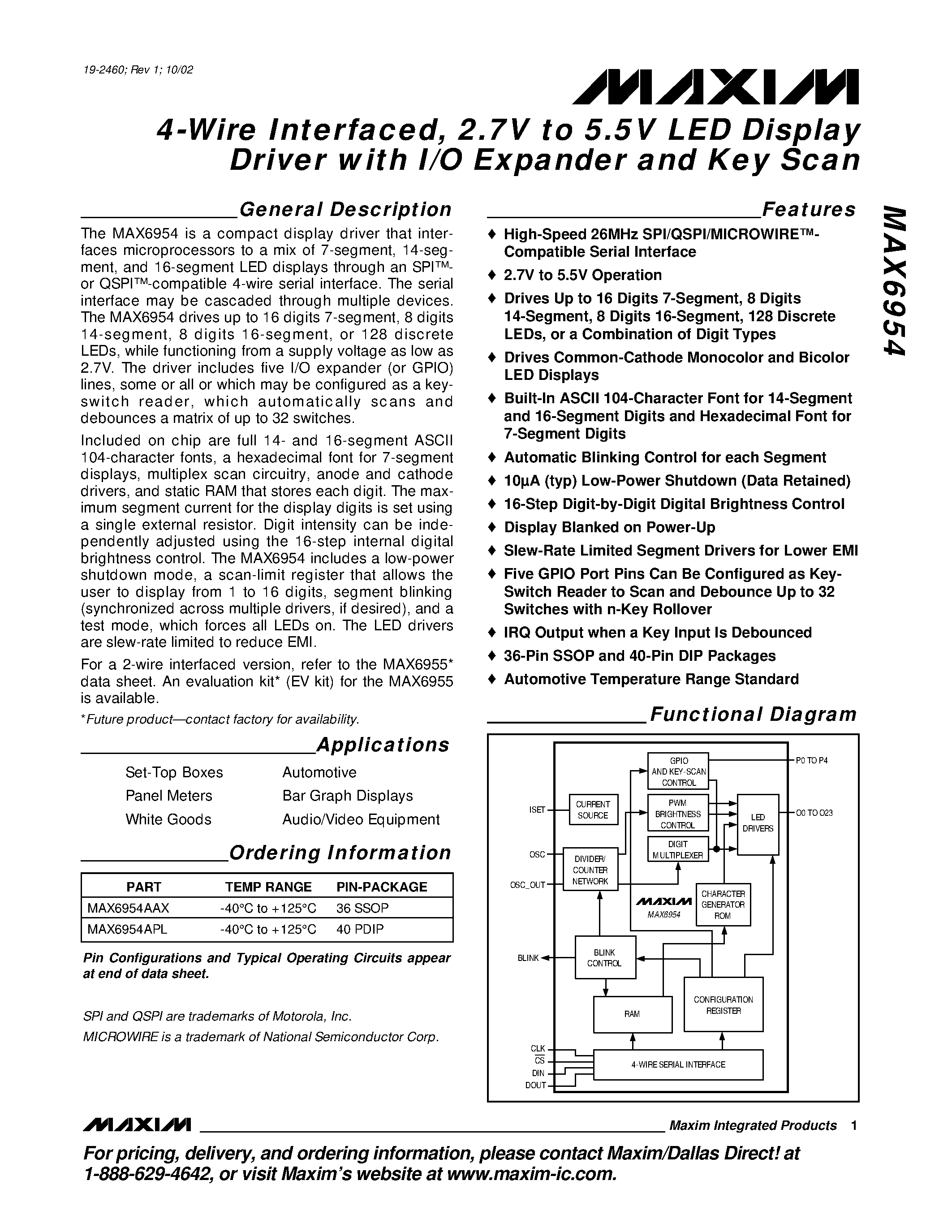 Datasheet MAX6954 - 4-Wire Interfaced / 2.7V to 5.5V LED Display Driver with I/O Expander and Key Scan page 1