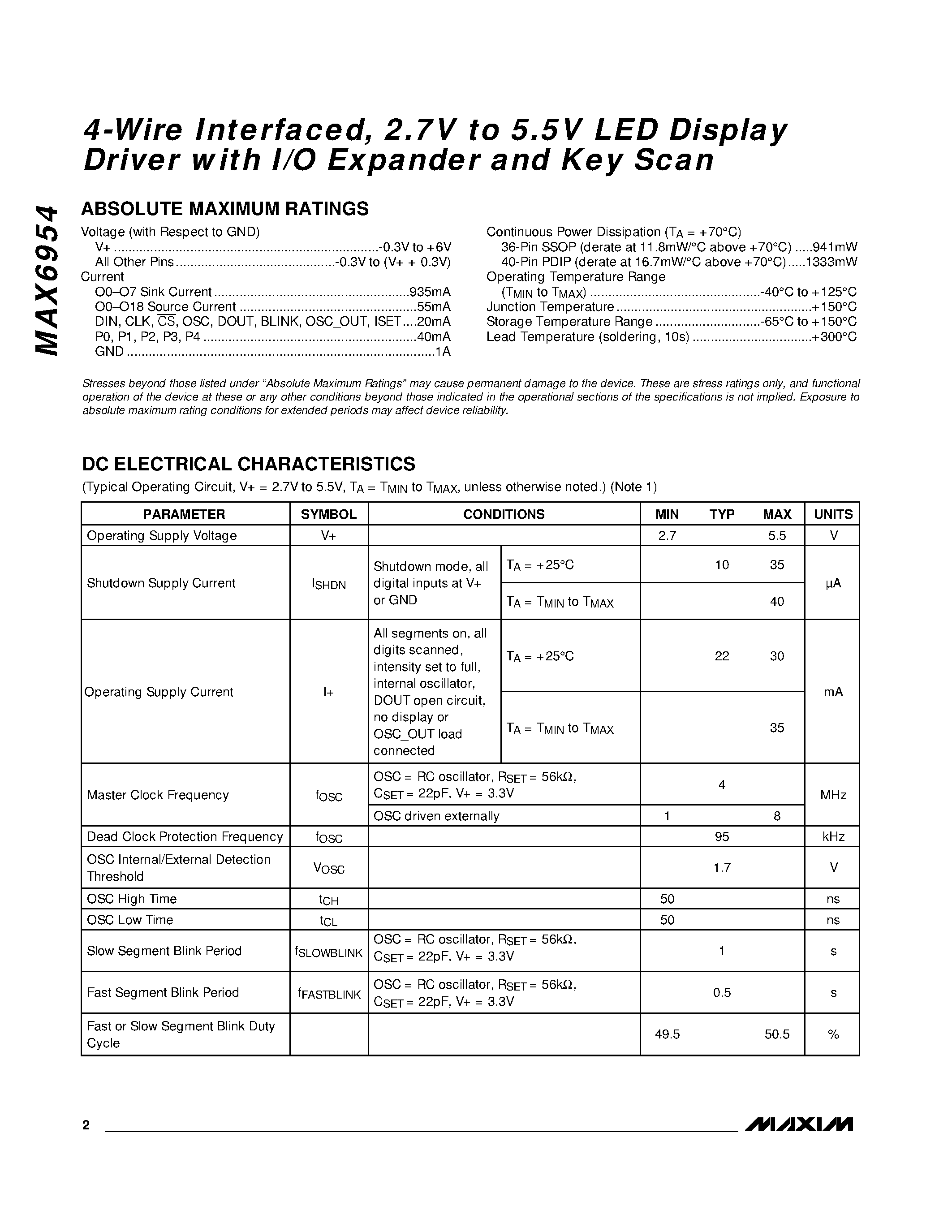 Datasheet MAX6954 - 4-Wire Interfaced / 2.7V to 5.5V LED Display Driver with I/O Expander and Key Scan page 2