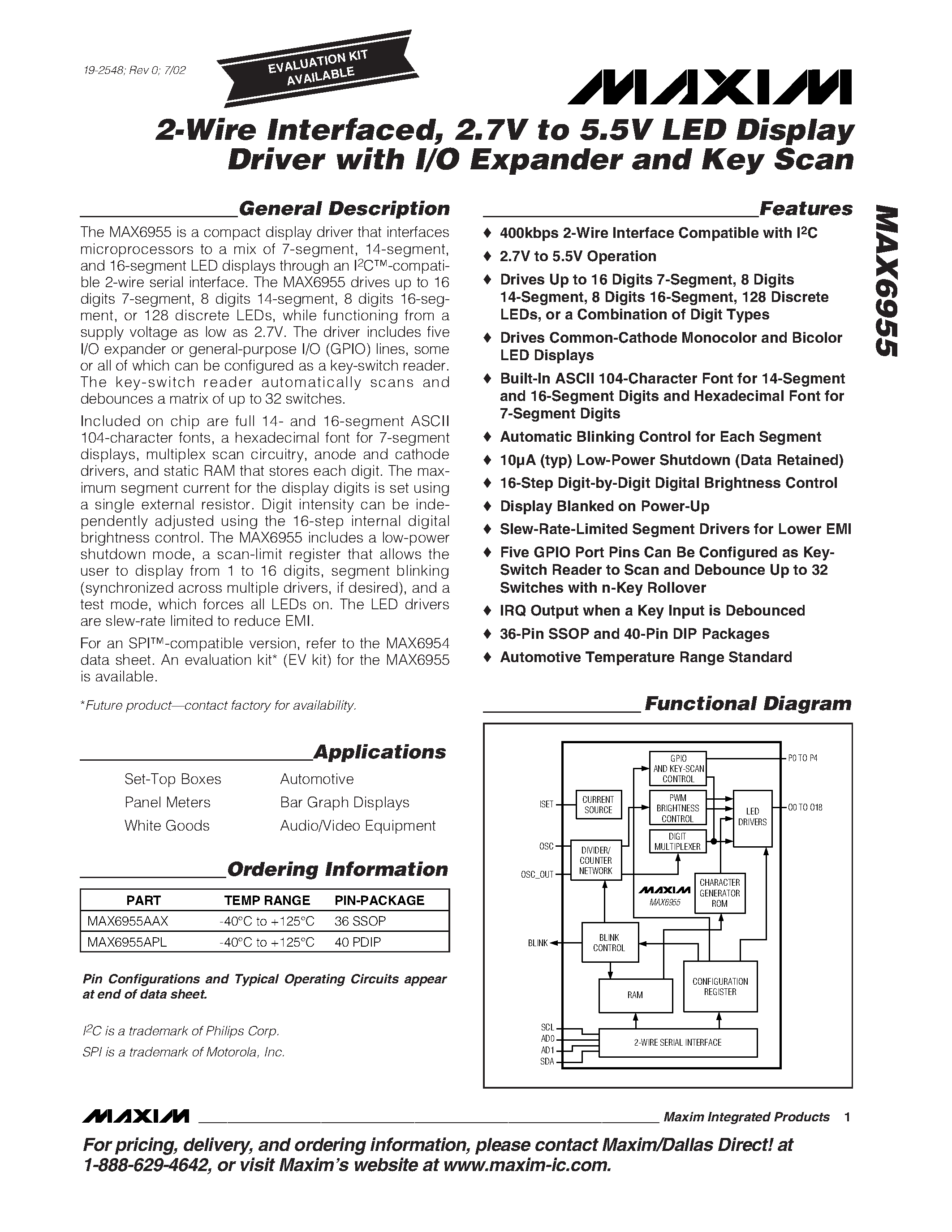 Datasheet MAX6955 - 2-Wire Interfaced / 2.7V to 5.5V LED Display Driver with I/O Expander and Key Scan page 1