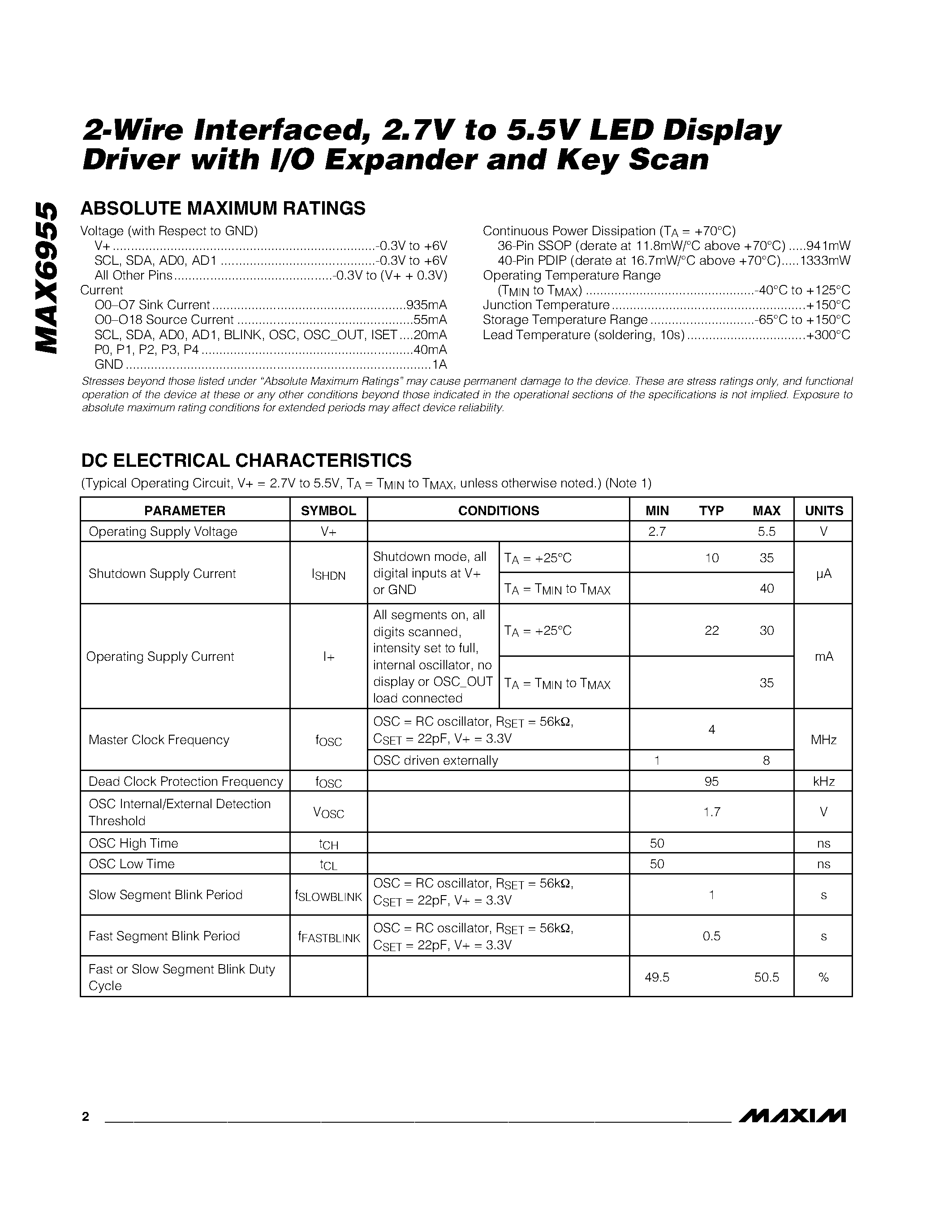 Datasheet MAX6955 - 2-Wire Interfaced / 2.7V to 5.5V LED Display Driver with I/O Expander and Key Scan page 2