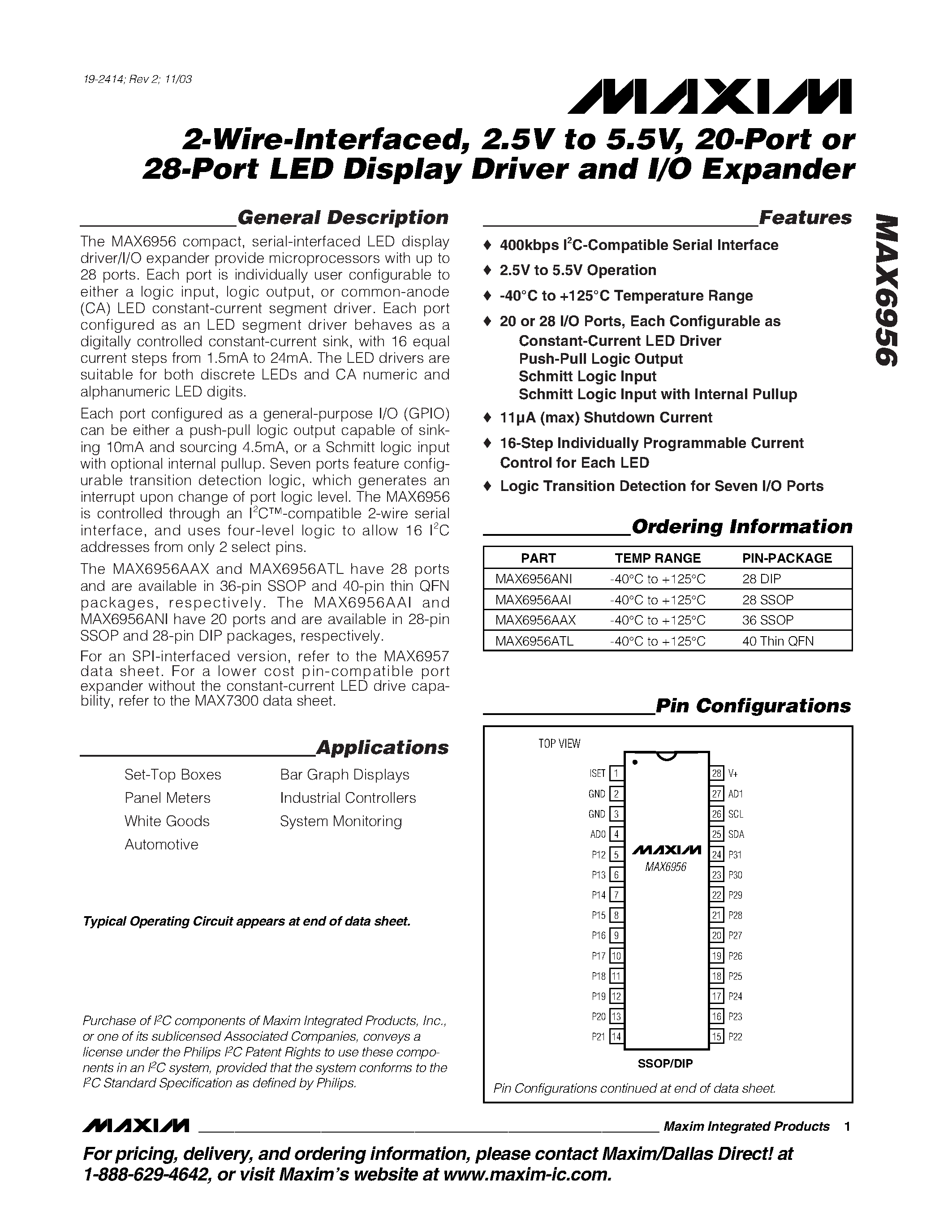 Datasheet MAX6956 - 2-Wire-Interfaced / 2.5V to 5.5V / 20-Port or 28-Port LED Display Driver and I/O Expander page 1