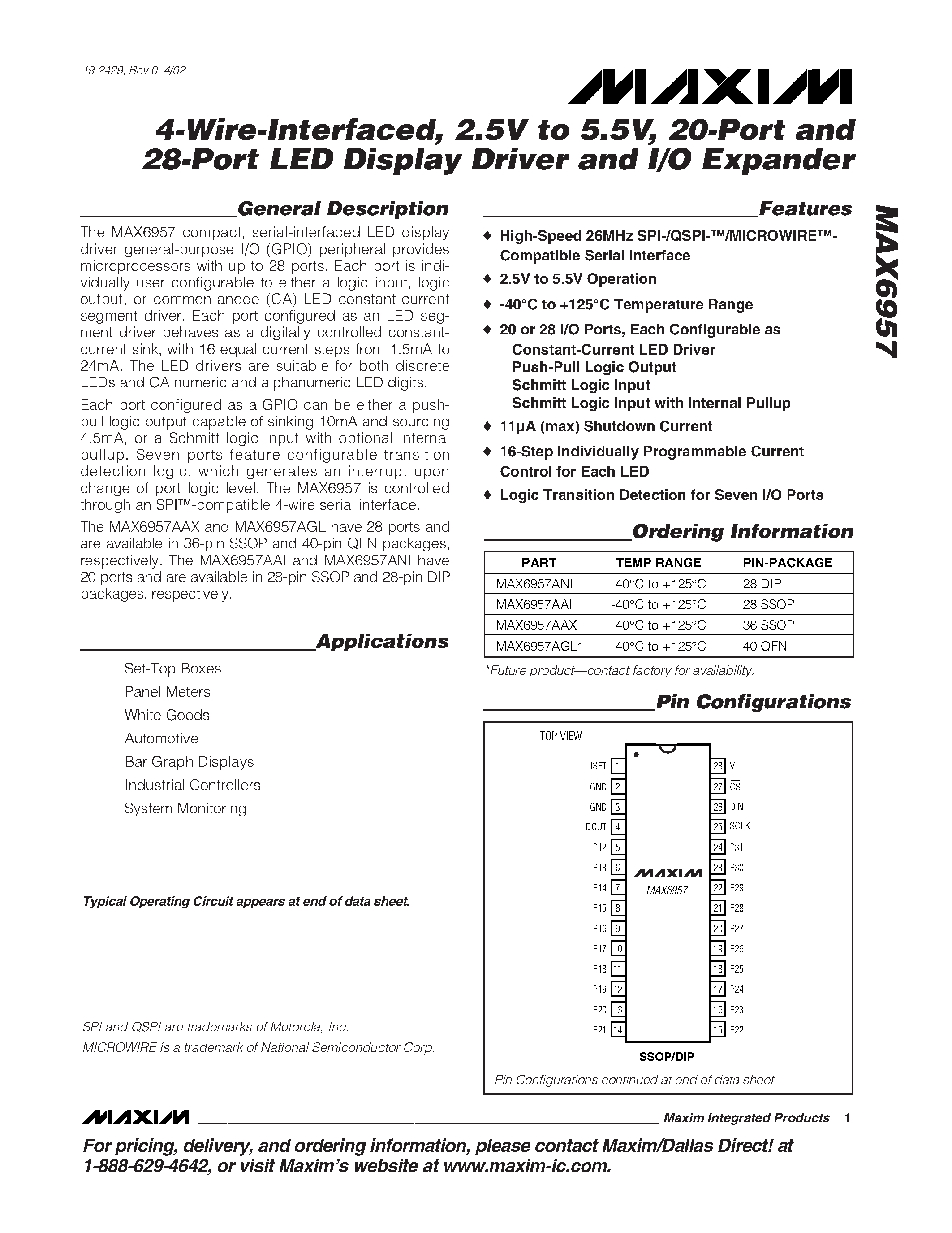 Datasheet MAX6957 - 4-Wire-Interfaced / 2.5V to 5.5V / 20-Port and 28-Port LED Display Driver and I/O Expander page 1