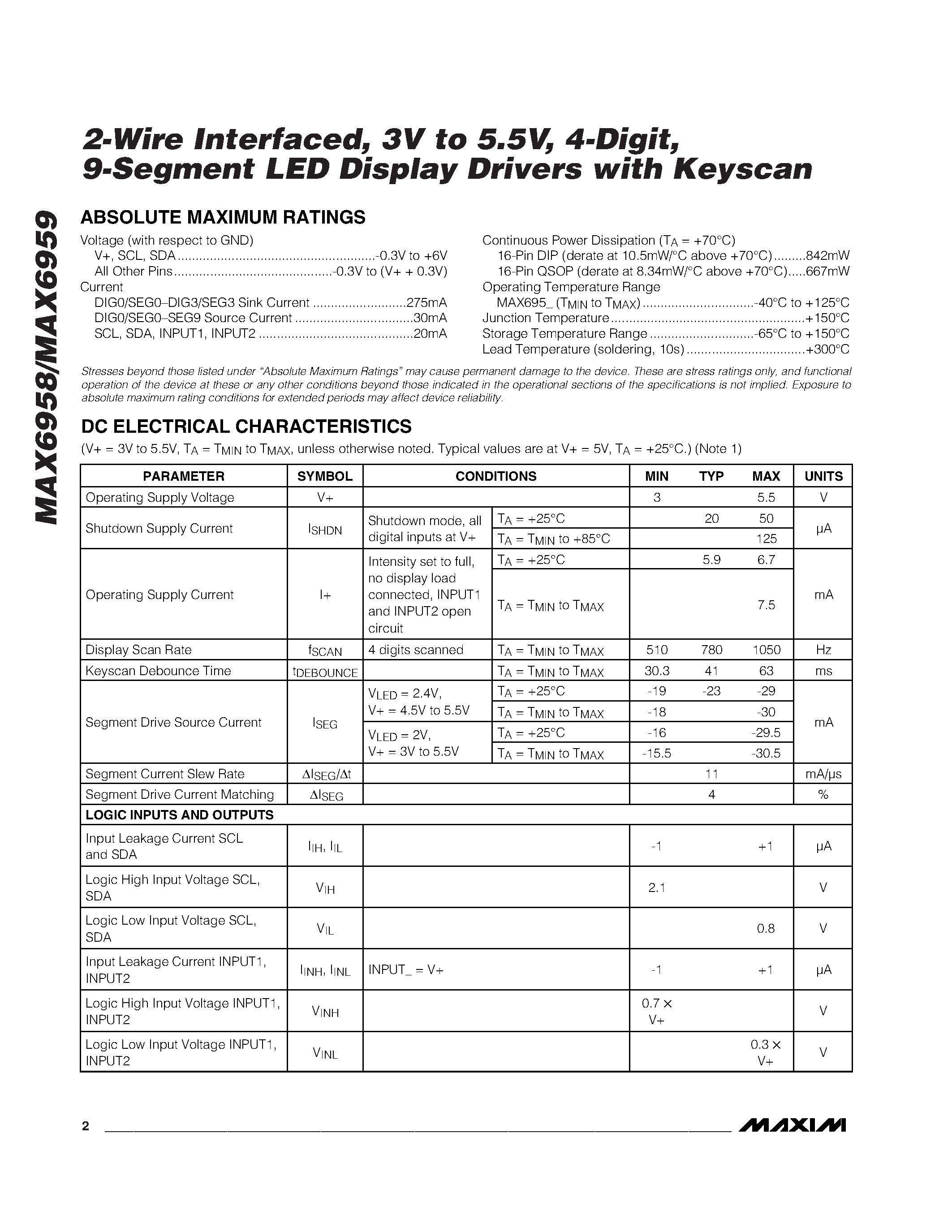 Даташит MAX6958 - 2-Wire Interfaced / 3V to 5.5V / 4-Digit / 9-Segment LED Display Drivers with Keyscan страница 2