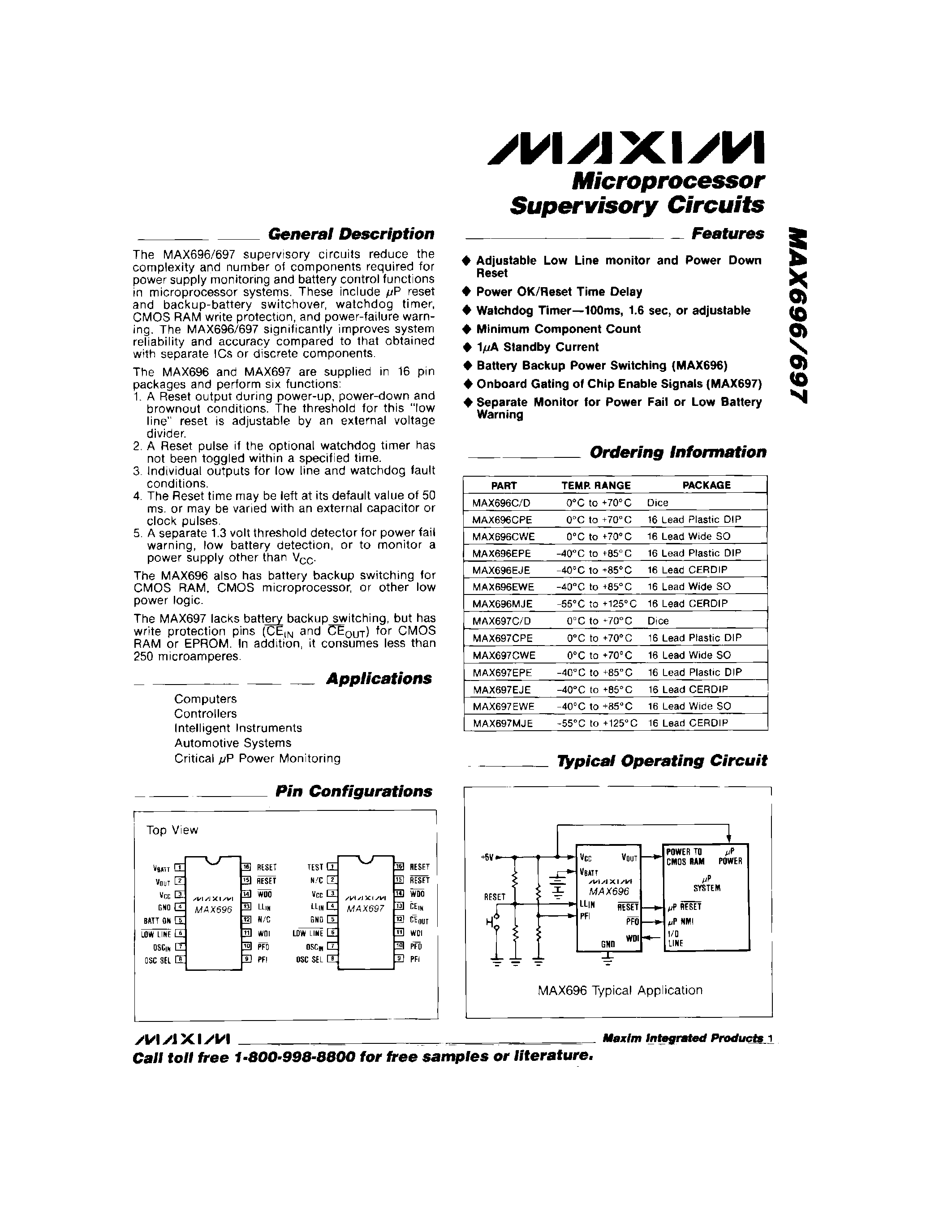 Datasheet MAX696C/D - Microprocessor Supervisory Circuits page 1