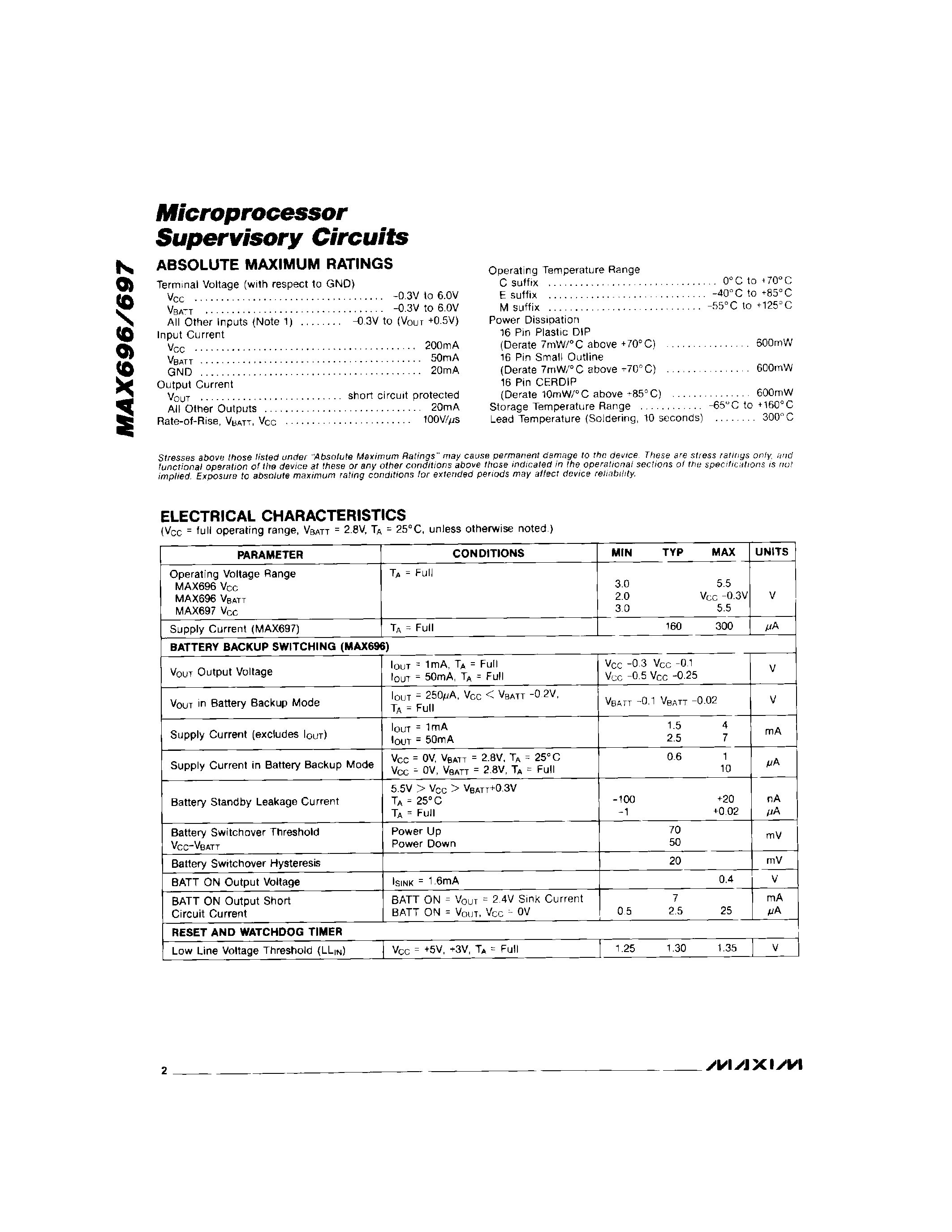 Datasheet MAX696C/D - Microprocessor Supervisory Circuits page 2