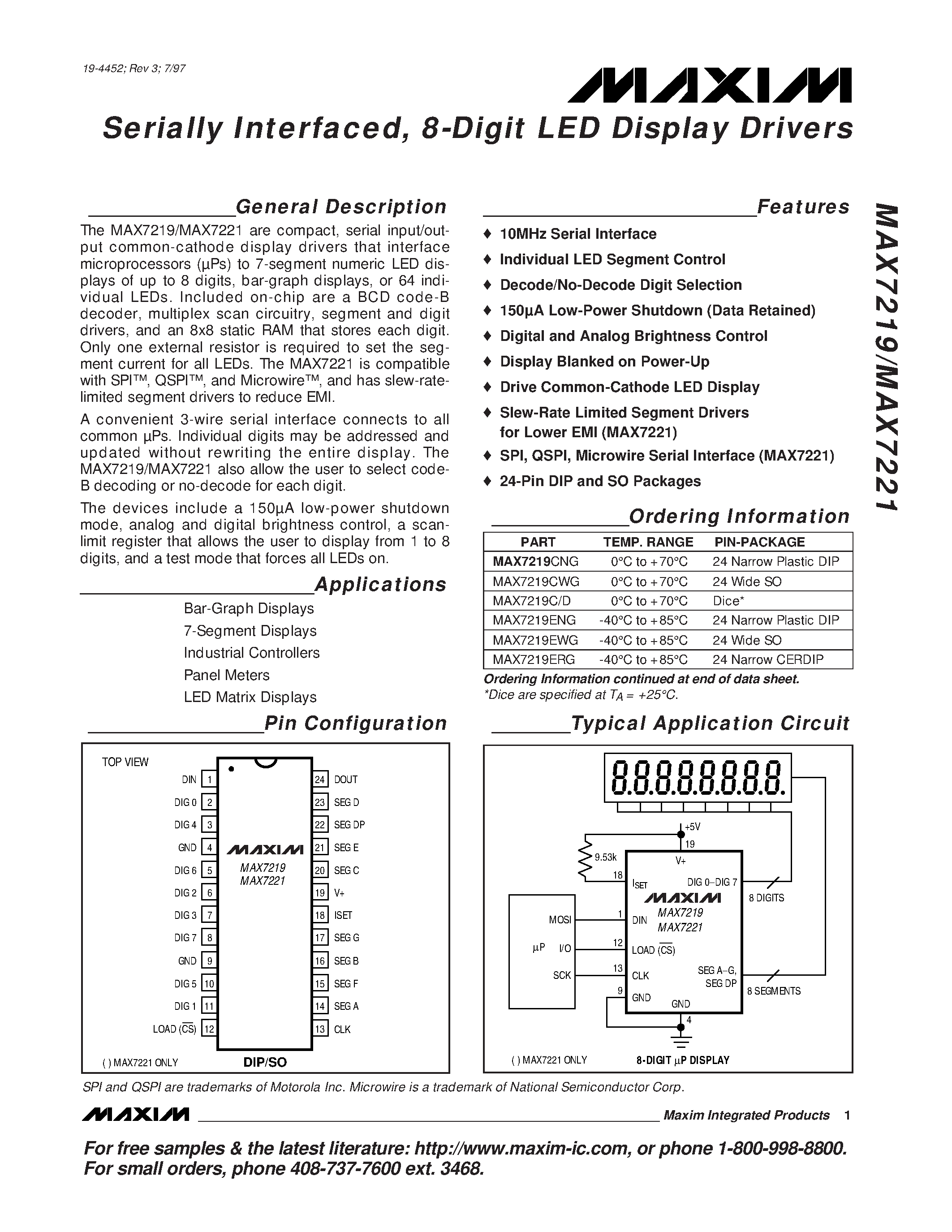 Datasheet MAX7219C/D - Serially Interfaced / 8-Digit LED Display Drivers page 1