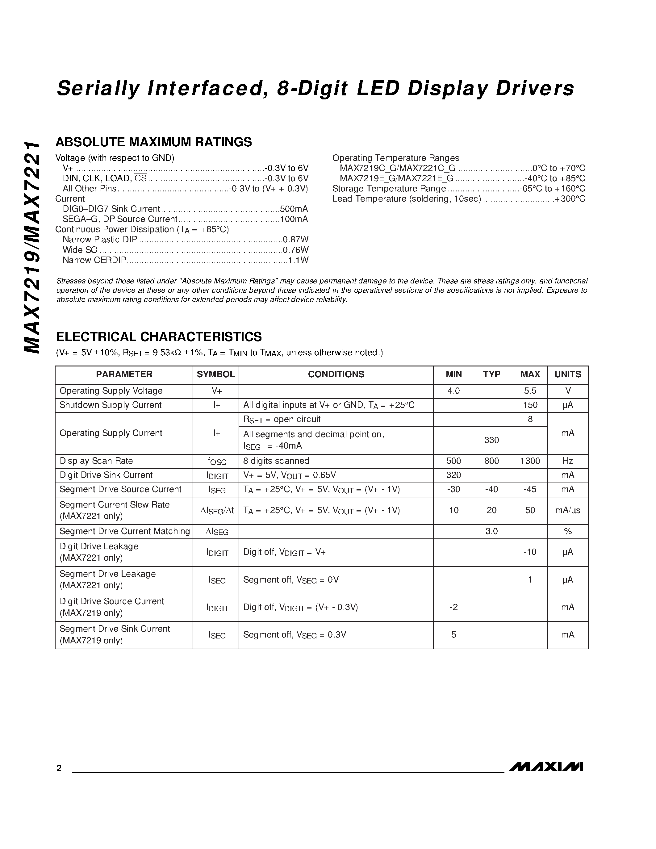 Datasheet MAX7219C/D - Serially Interfaced / 8-Digit LED Display Drivers page 2