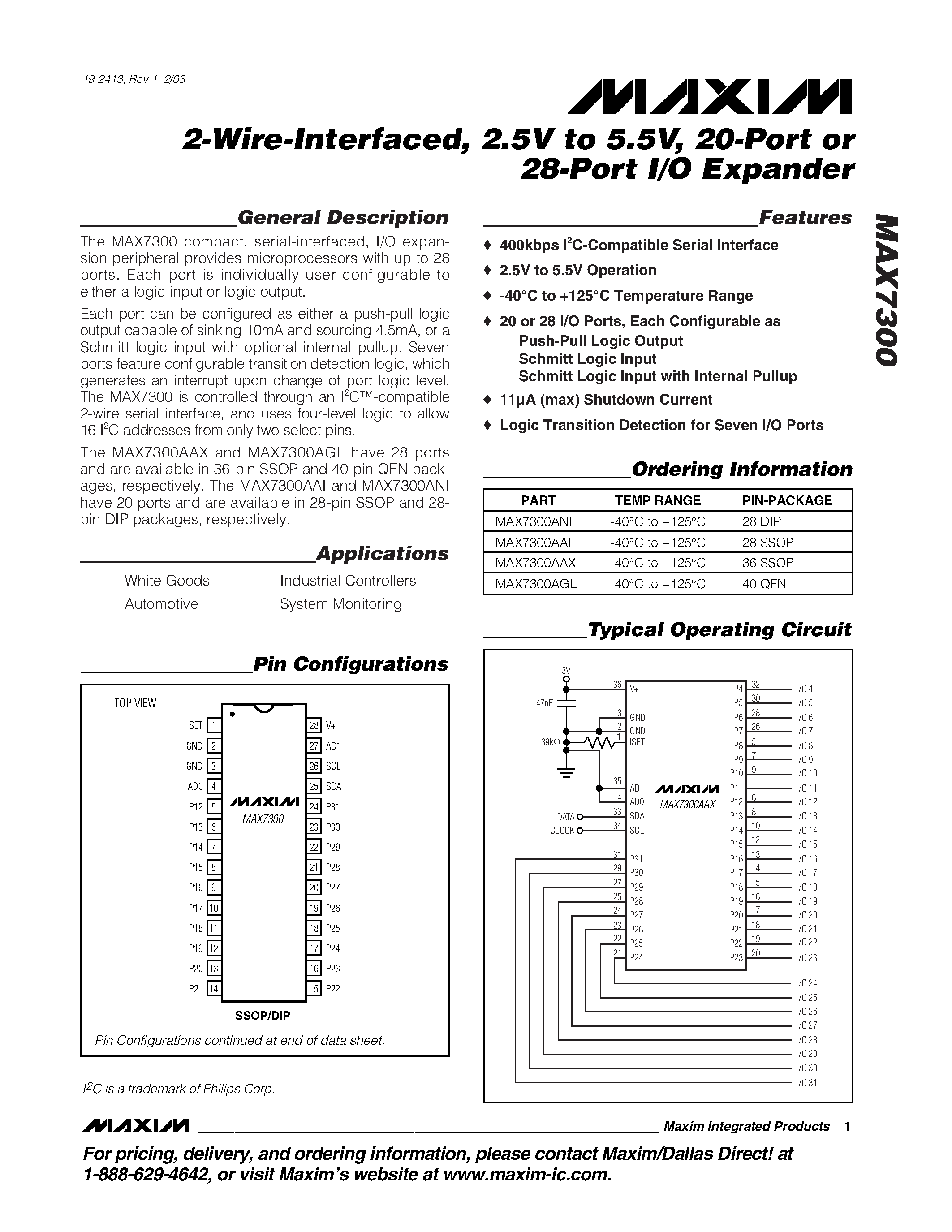 Datasheet MAX7300 - 2-Wire-Interfaced / 2.5V to 5.5V / 20-Port or 28-Port I/O Expander page 1