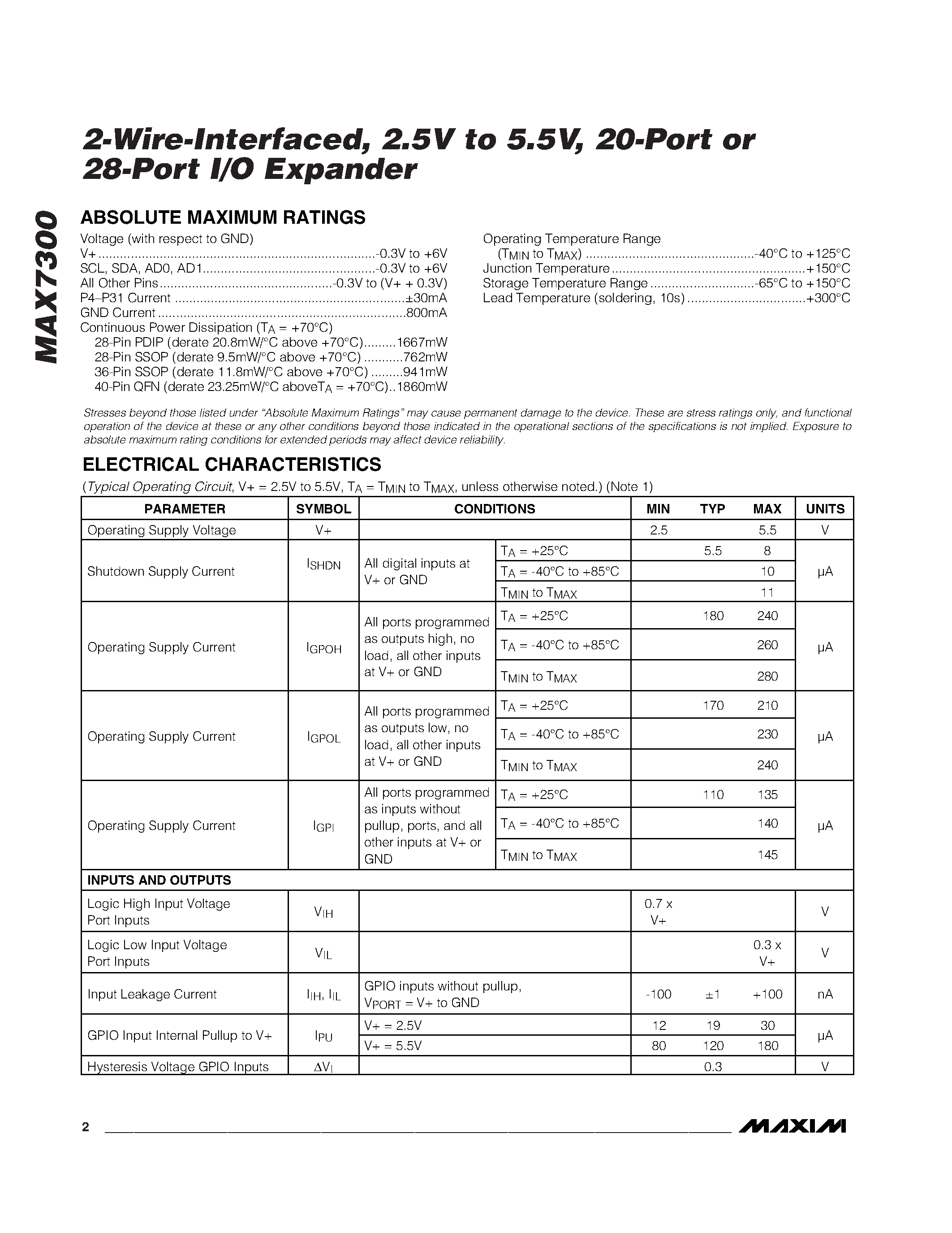 Datasheet MAX7300 - 2-Wire-Interfaced / 2.5V to 5.5V / 20-Port or 28-Port I/O Expander page 2