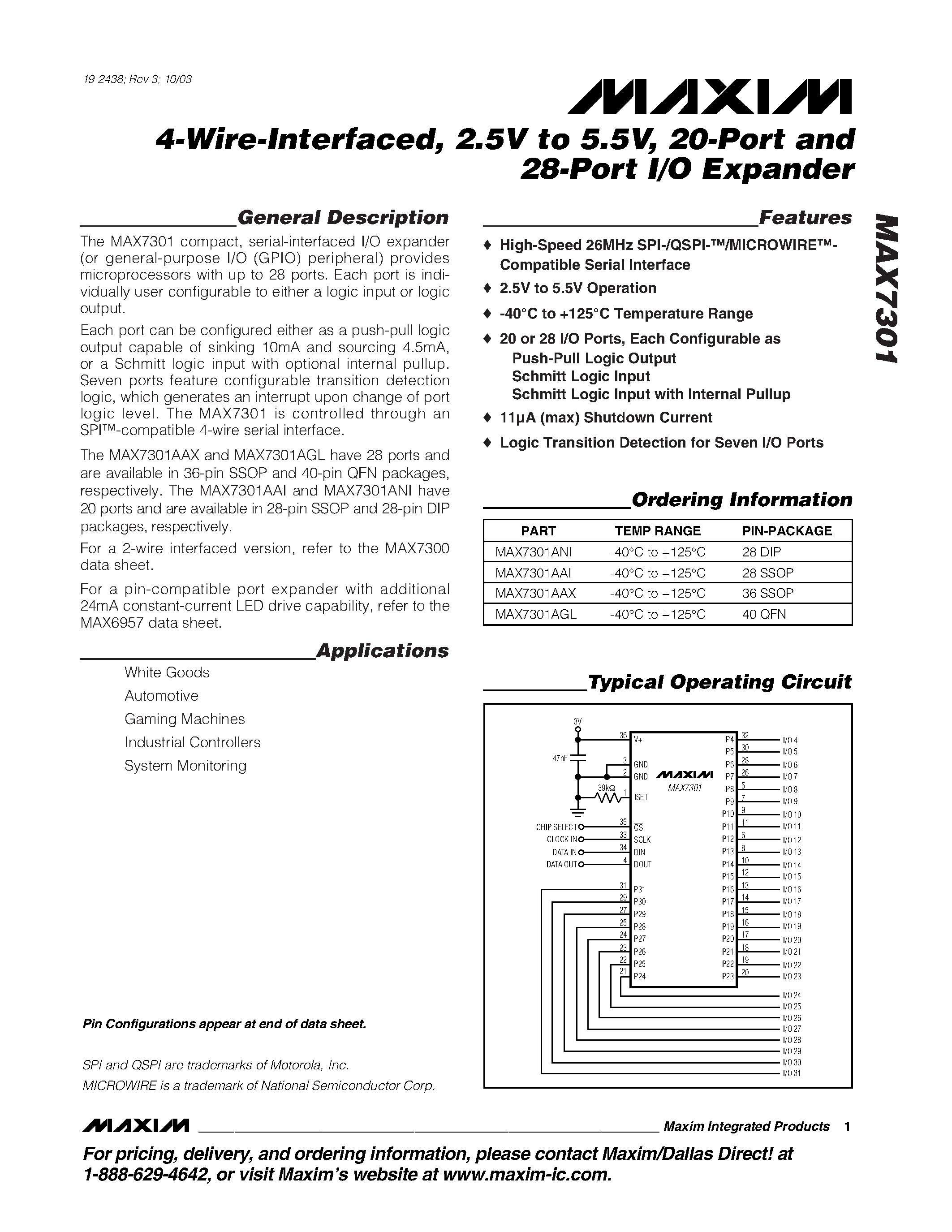 Datasheet MAX7301 - 4-Wire-Interfaced / 2.5V to 5.5V / 20-Port and 28-Port I/O Expander page 1