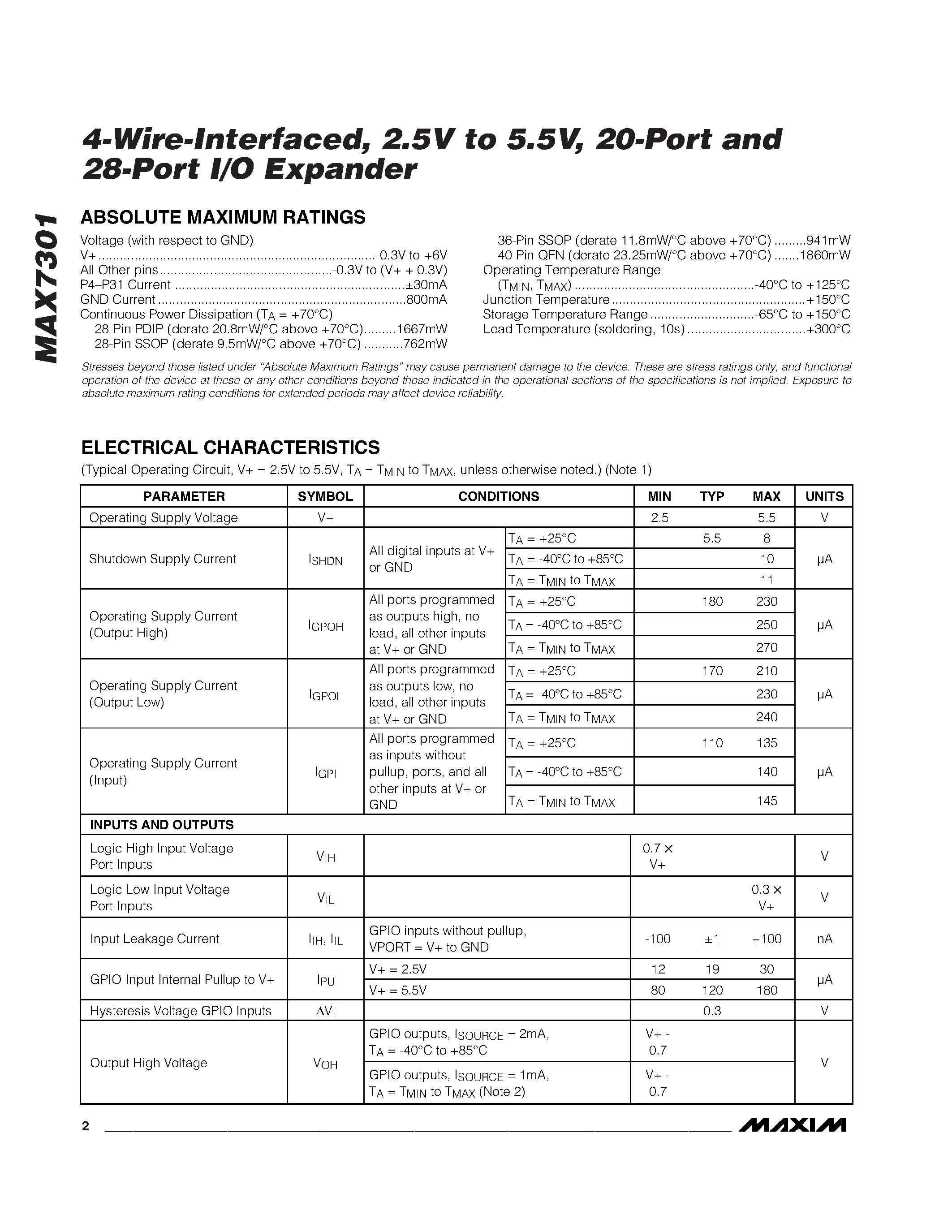 Datasheet MAX7301 - 4-Wire-Interfaced / 2.5V to 5.5V / 20-Port and 28-Port I/O Expander page 2