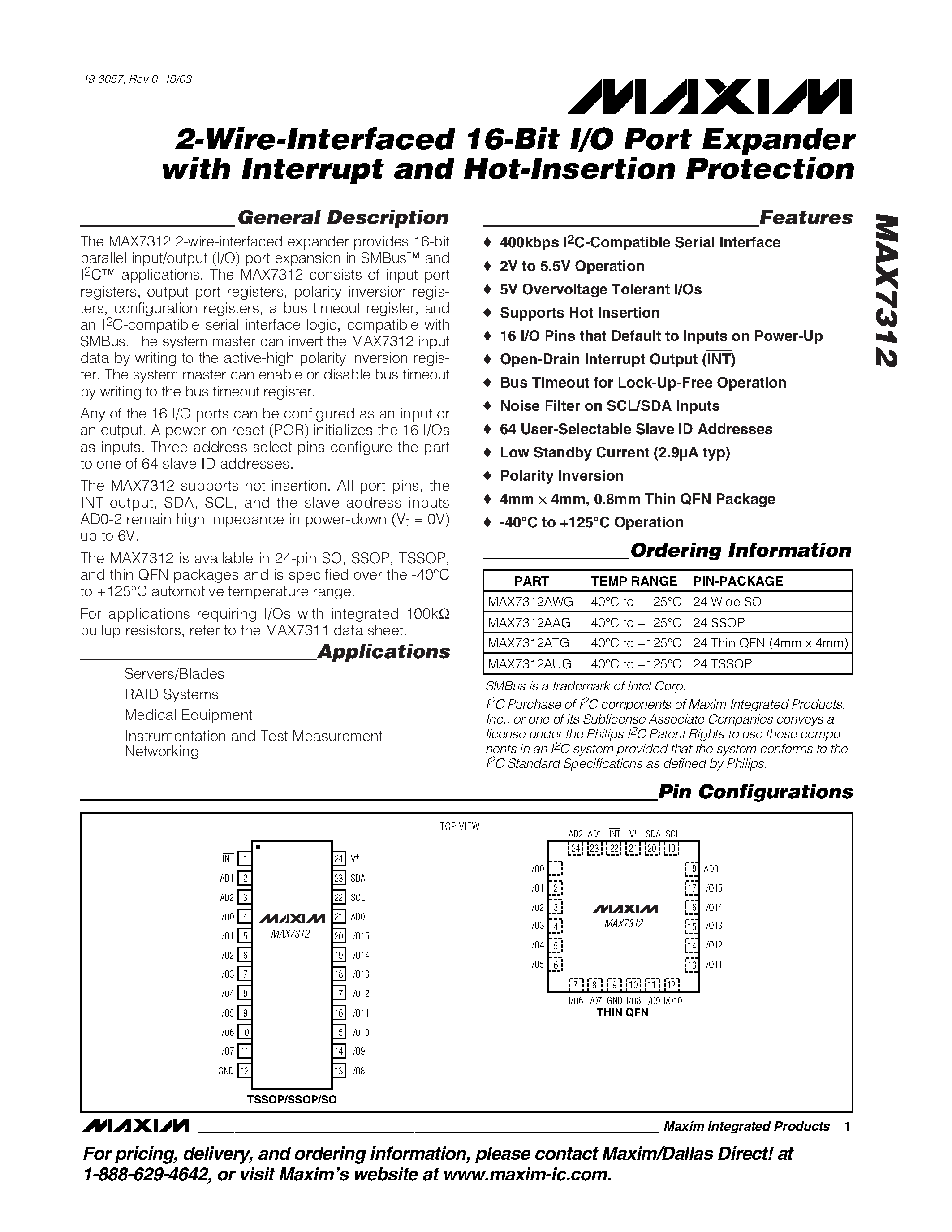 Datasheet MAX7312 - 2-Wire-Interfaced 16-Bit I/O Port Expander with Interrupt and Hot-Insertion Protection page 1