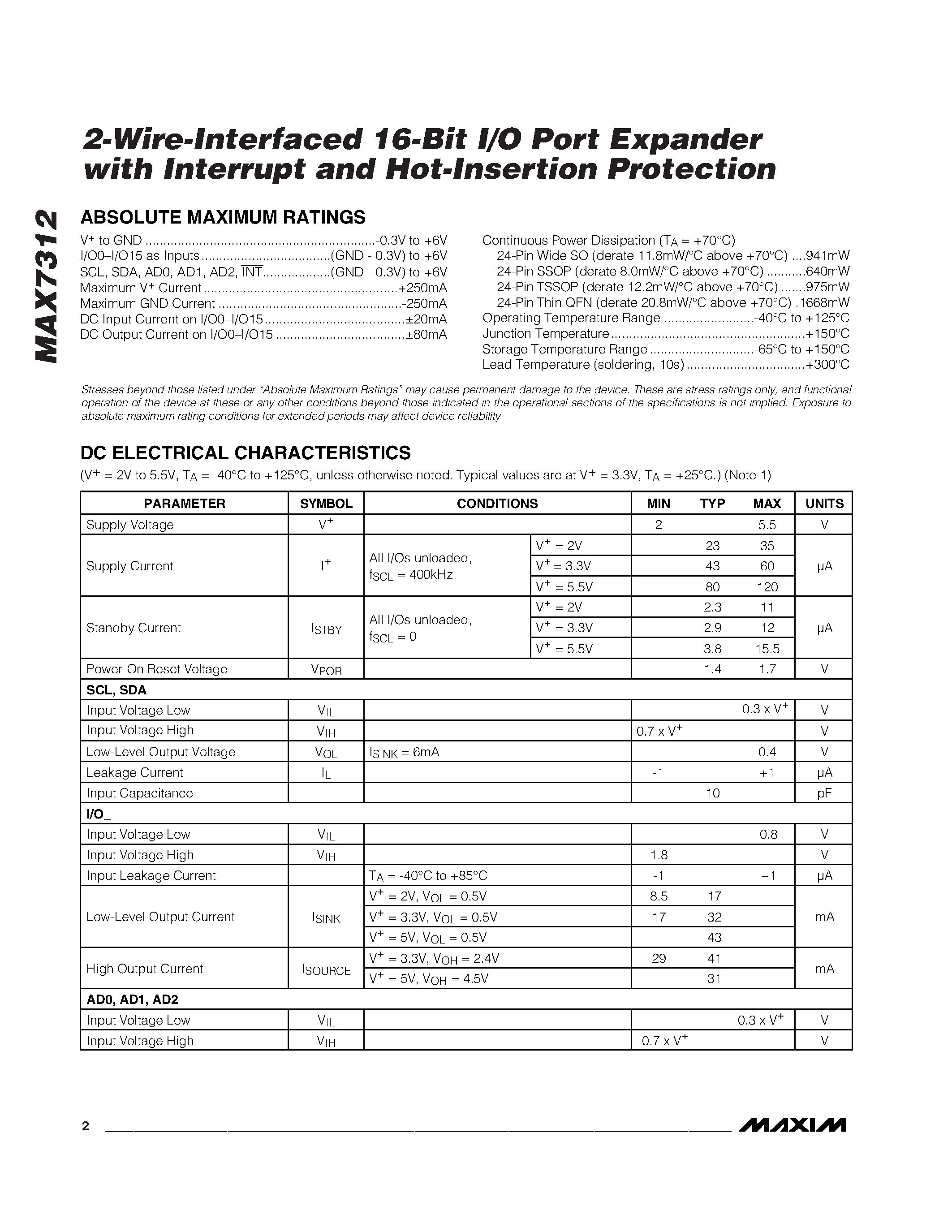 Datasheet MAX7312 - 2-Wire-Interfaced 16-Bit I/O Port Expander with Interrupt and Hot-Insertion Protection page 2