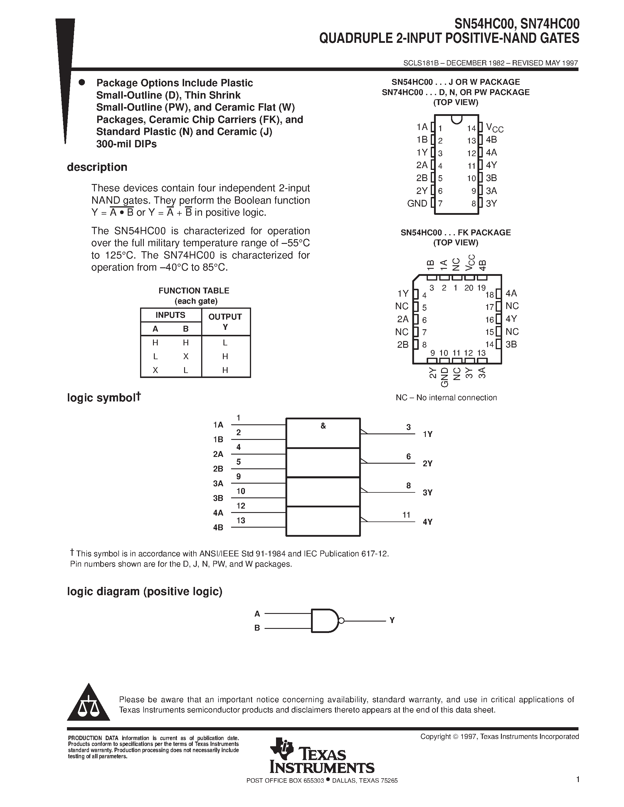 Даташит SN74HC00 - QUADRUPLE 2-INPUT POSITIVE-NAND GATES страница 1